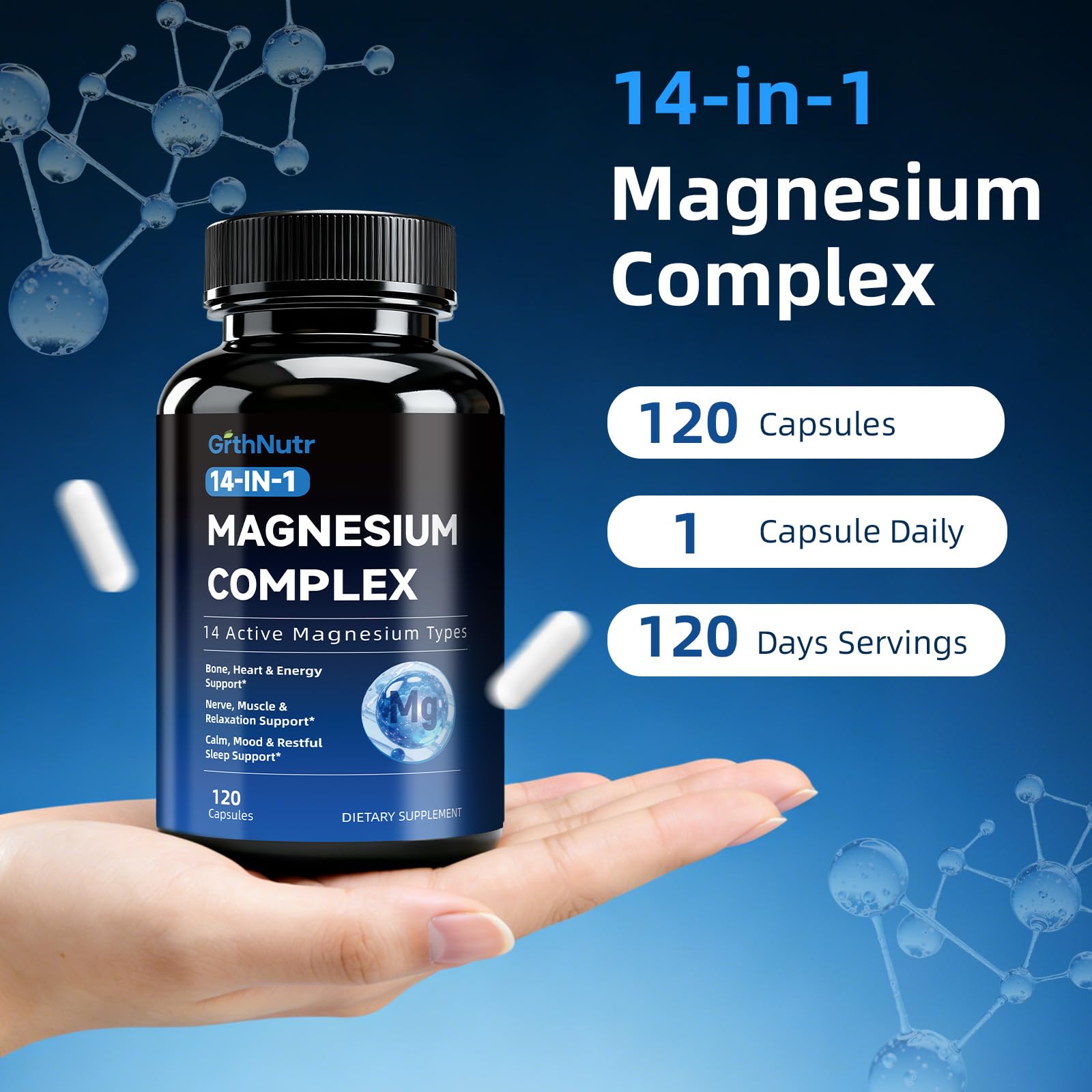14-in-1 Magnesium Complex Supplement, 1200mg Elemental Magnesium Glycinate, Citrate, Malate, Taurate - Magnesium Complex for Women Nerves, Bone & Heart Health | Non-GMO GrthNutr uk supplements