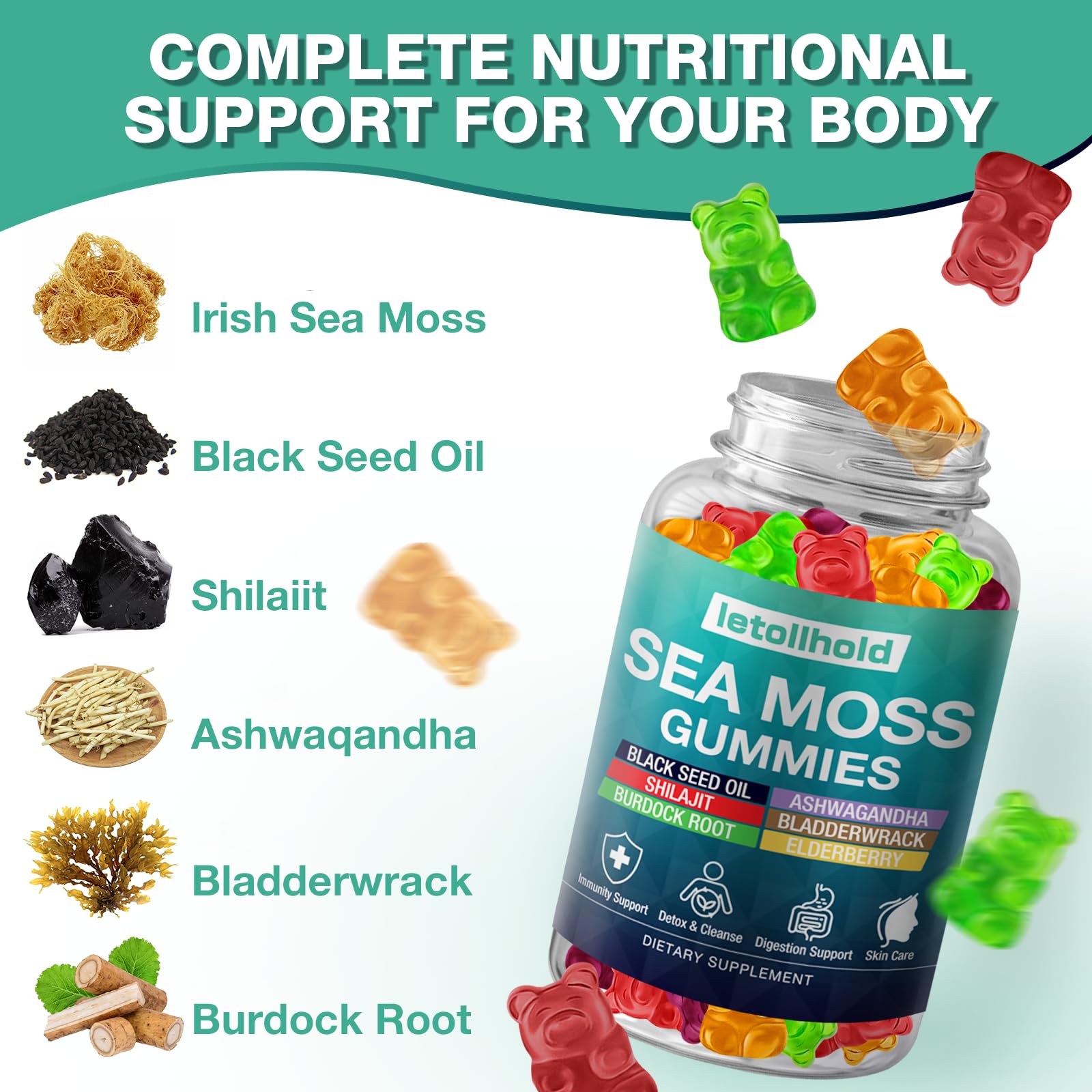Sea Moss Gummies - Irish Sea Moss Gummies Advanced for Adults with Ashwagandha Bladderwrack & Burdock Root for Supports Immune，Energy - 60 Vegan Gummy,5PCS letollhold uk supplements