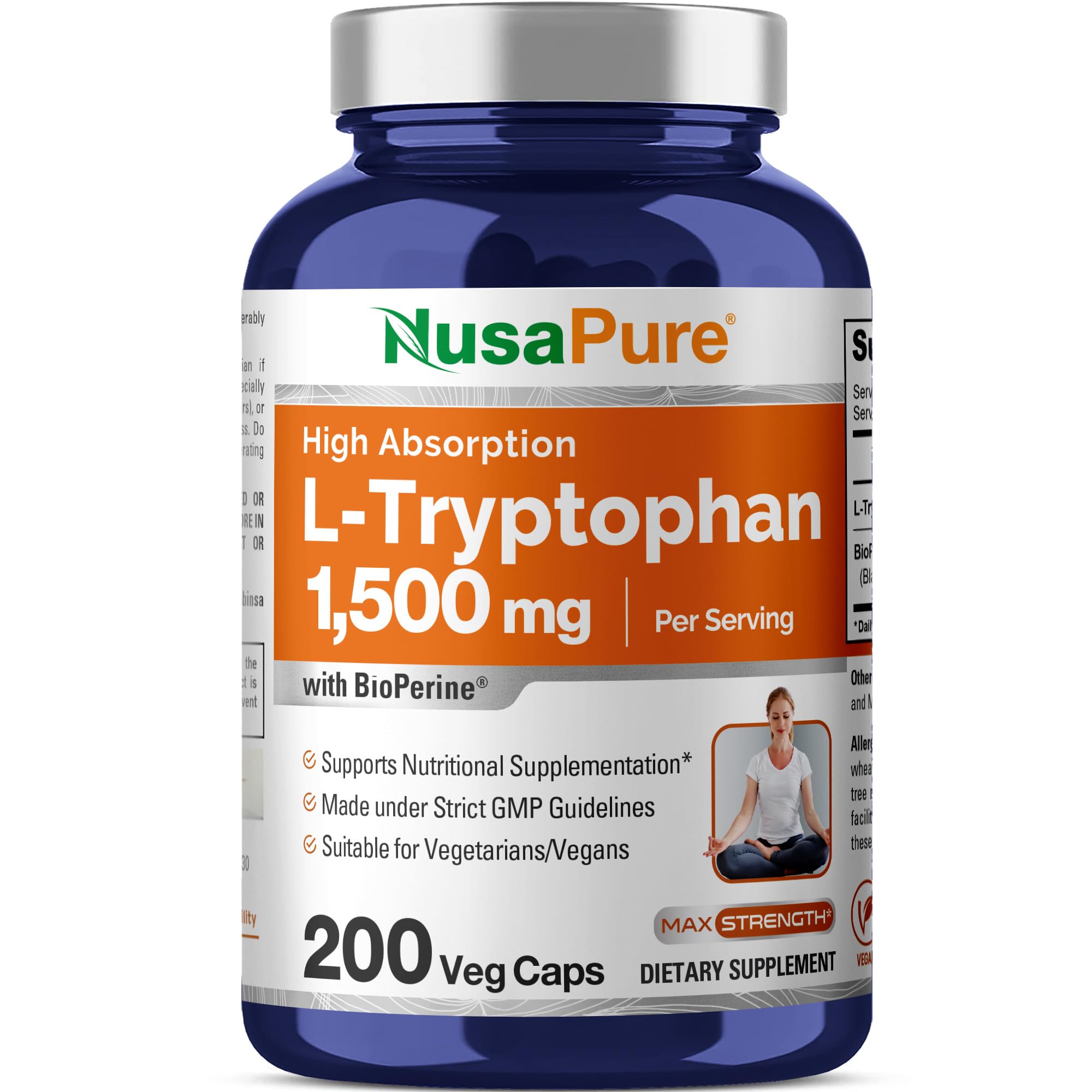 NusaPure L-Tryptophan - Suitable for Vegetarian/Vegan, Non - GMO - 1500mg 200 Capsules NusaPure uk supplements