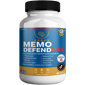 Memo Defend Max Memory Support Supplement, 60 Capsules, with Vitamins A C D E B Complex, DHA, Bacopa, Grapefruit Seed (1) GREENVIFY uk supplements