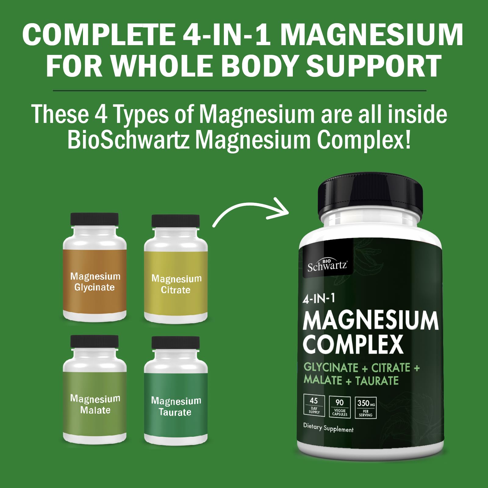 BioSchwartz Magnesium Complex Supplement (90 Capsules) 350mg Magnesium Glycinate Citrate Malate and Taurate Per Serving for Healthy Nerves Muscles Heart Sleep Support (Vegan, Gluten-Free, Non-GMO) BioSchwartz uk supplements