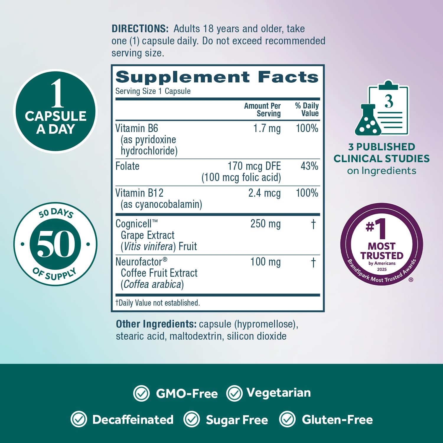 NEURIVA Memory 3D Brain Supplement - Decaffeinated Nootropic Capsules for Memory, Focus, & Cognitive Function - Short Term, Long Term, & Working Memory Support - 50ct NEURIVA uk supplements