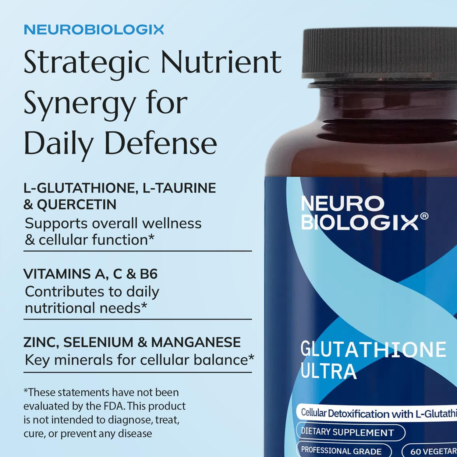 Neurobiologix Glutathione Ultra, L-Glutathione Antioxidant Complex with Vitamin C, A, B2, B6, Zinc, Selenium, Manganese, Taurine & Quercetin for Cellular Health, Gluten Free, 60 Vegetarian Capsules Neurobiologix uk supplements