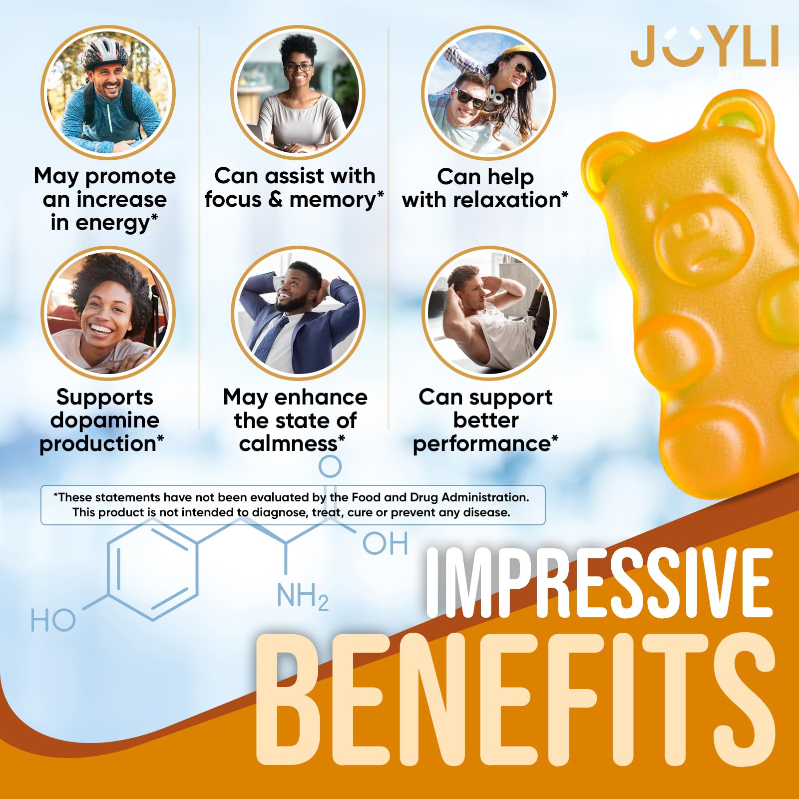 Joyli L Tyrosine Gummies 1000MG - L-Tyrosine Supplement for Kids & Adults - Calm & Focus Gummies for Brain, Memory, Mood, and Energy - 500mg L- Tyrosine Powder per Gummy - Vegan, Gluten-Free JOYLI Nutrition uk supplements