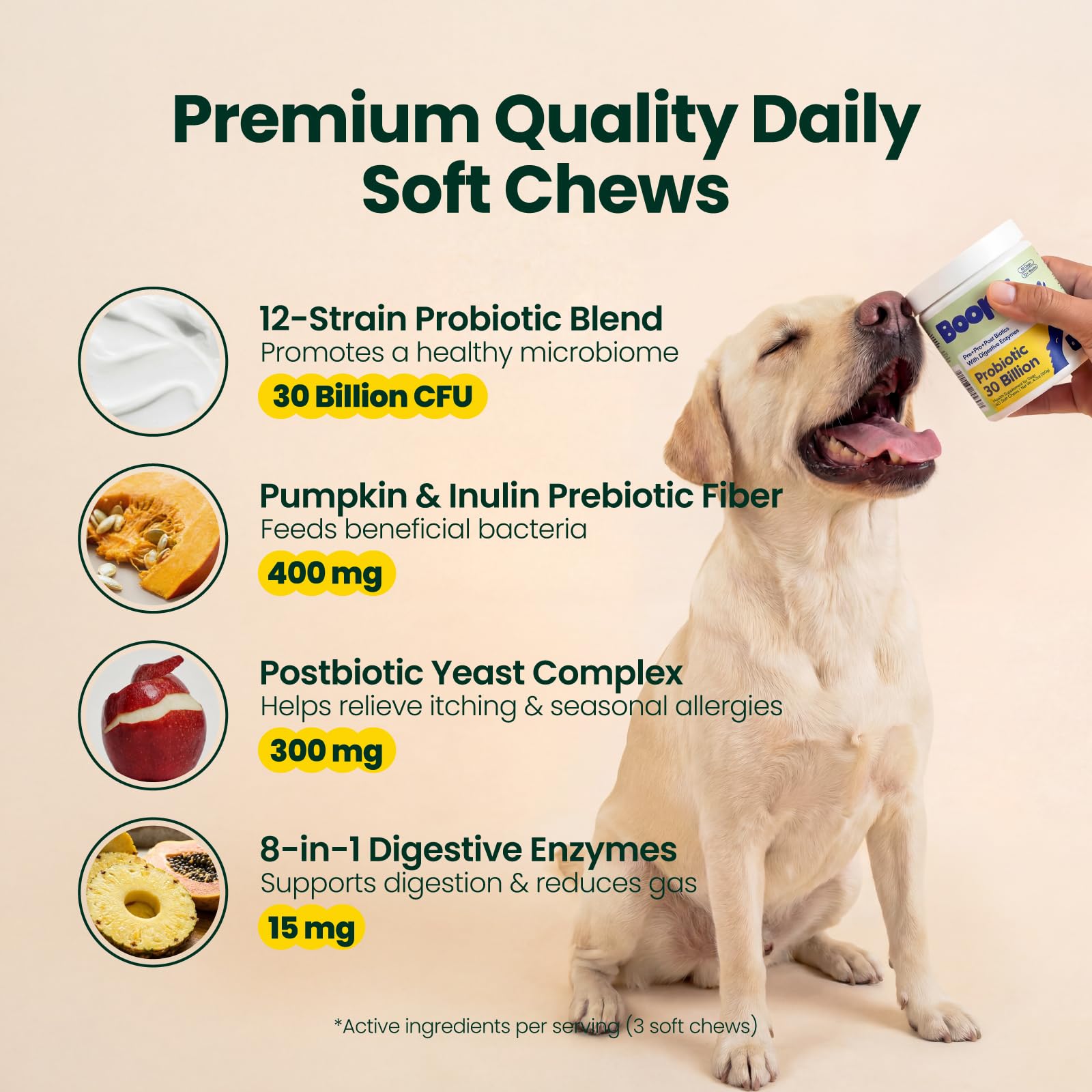 Boops Pets Probiotics for Dogs – 30 Billion CFU with Pre, Postbiotics & Digestive Enzymes – Supports Gut Health, Immunity, Loose Stools & Allergies – Filet Mignon Flavor – Vet Formulated – 60 Chews Boops Pets uk supplements