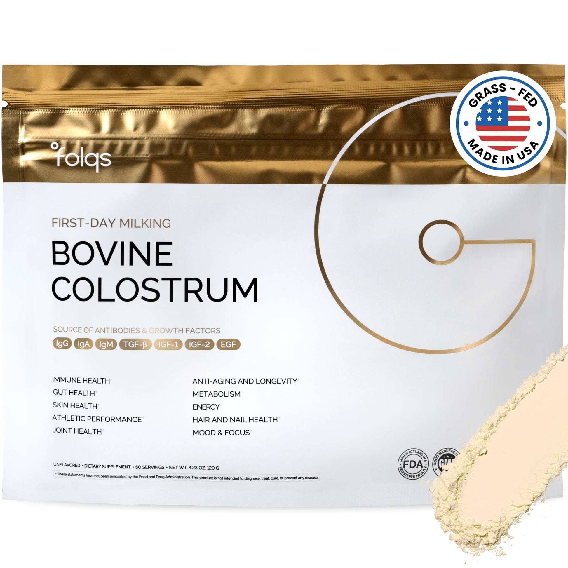 Folqs Bovine Colostrum Powder – First-Day Milking for Immune & Gut Support – 60 Servings – Supports Skin & Tissue Health – Made in USA - Amino Acids, Vitamins, Minerals – Kosher - Sustainably Sourced Folqs uk supplements