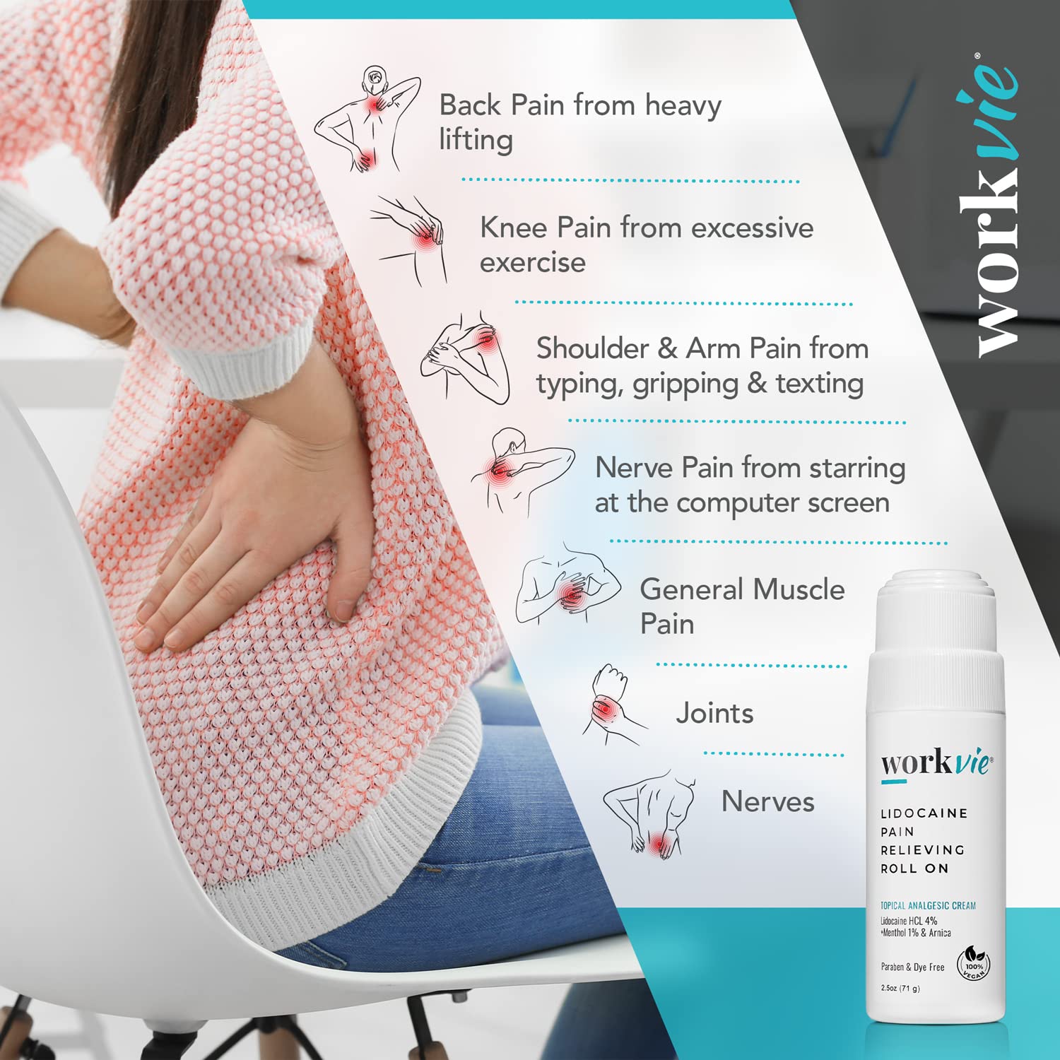 Workvie Lidocaine Pain Relief Roll On 2 Pack & Easy Reach Applicator Tool – Fast Acting Topical Lidocaine Maximum Strength with Arnica Montana & Aloe Vera for Muscles, Joints, Back, Neck & Feet Workvie uk supplements