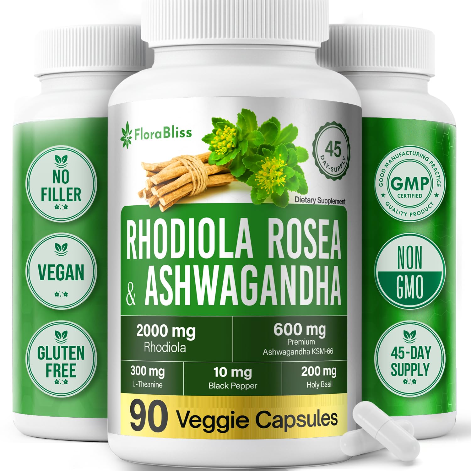 FloraBliss Rhodiola Rosea with Ashwagandha KSM-66, L-Theanine, Holy Basil & Black Pepper - 90 High Potency Vegan Capsules - 45-Day Supply FloraBliss uk supplements