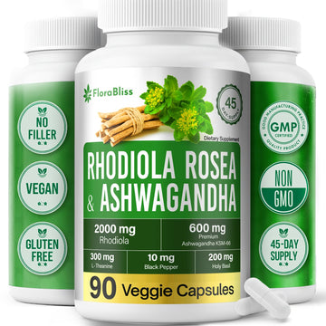 FloraBliss Rhodiola Rosea with Ashwagandha KSM-66, L-Theanine, Holy Basil & Black Pepper - 90 High Potency Vegan Capsules - 45-Day Supply FloraBliss uk supplements