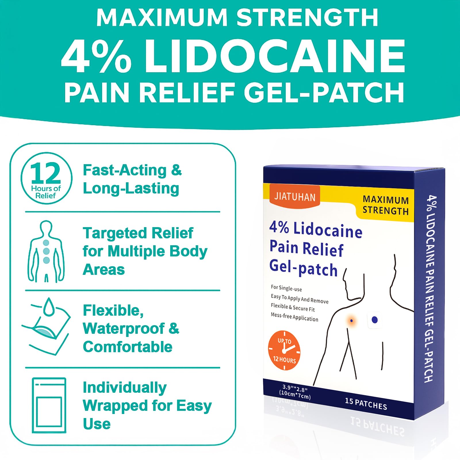 JIATUHAN 4% Lidocaine Pain Relief Patches – Maximum Strength for Back, Neck, Joint & Muscle Pain – Long-Lasting & Flexible – 15 Patches JIATUHAN uk supplements