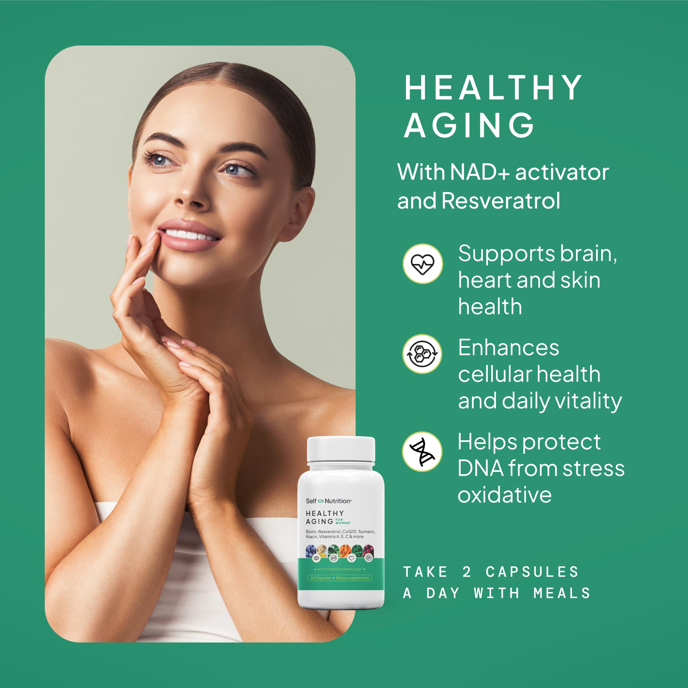 SELF NUTRITION NAD+ Resveratrol Supplement for Women – Healthy Aging Formula with CoQ10, Biotin, Turmeric & Vitamins A, C, E – Supports Energy, Skin & Longevity – 60 Capsules. Made in USA. SELF NUTRITION uk supplements
