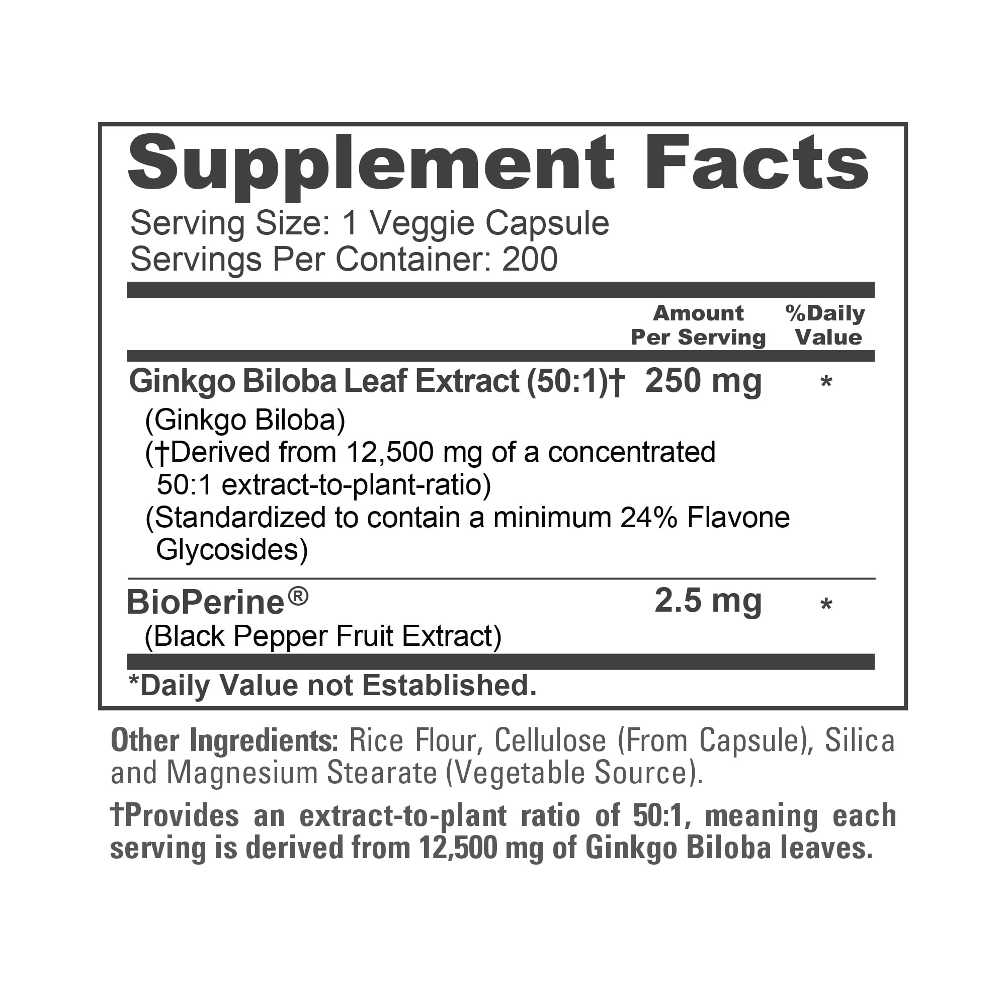 NusaPure Ginkgo Biloba 50:1 Extract, 250 mg Equivalent to 12,500 mg per Veggie Caps 200 Capsules (Vegetarian, Non-GMO, Vegan) Bioperine NusaPure uk supplements