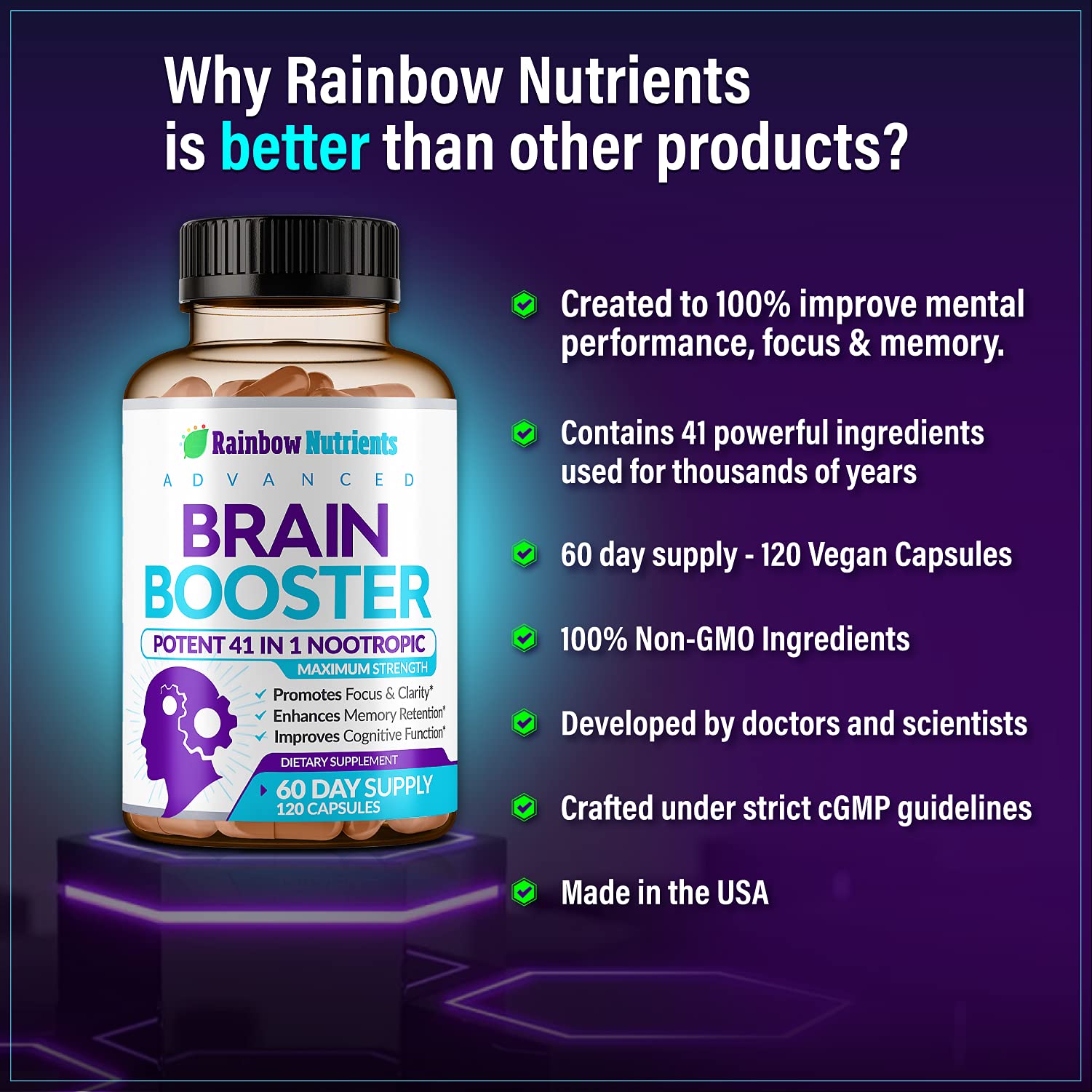 40-in-1 Brain Booster Supplements for Memory, Focus, Clarity, Energy, Performance Rainbow Nutrients, LLC uk supplements