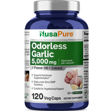 NusaPure Odorless Garlic 100:1 Extract, 50 mg Equivalent to 5000mg Capsule | 120 Veggie Caps | High Potency | Herbal Supplement | Non-GMO | Vegan NusaPure uk supplements
