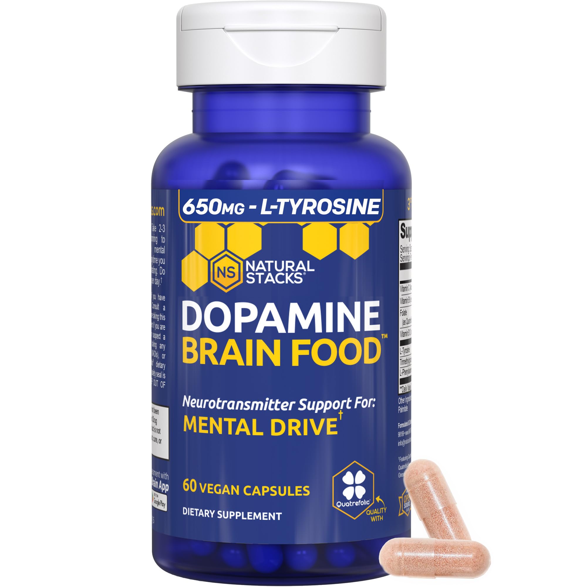 NATURAL STACKS Dopamine Brain Food - 650mg L-Tyrosine Supplement - Dopamine Supplement for Focus & Mental Drive - Supports Mental Energy - Neurotransmitter Support with B Vitamins - 60 Capsules NATURAL STACKS uk supplements