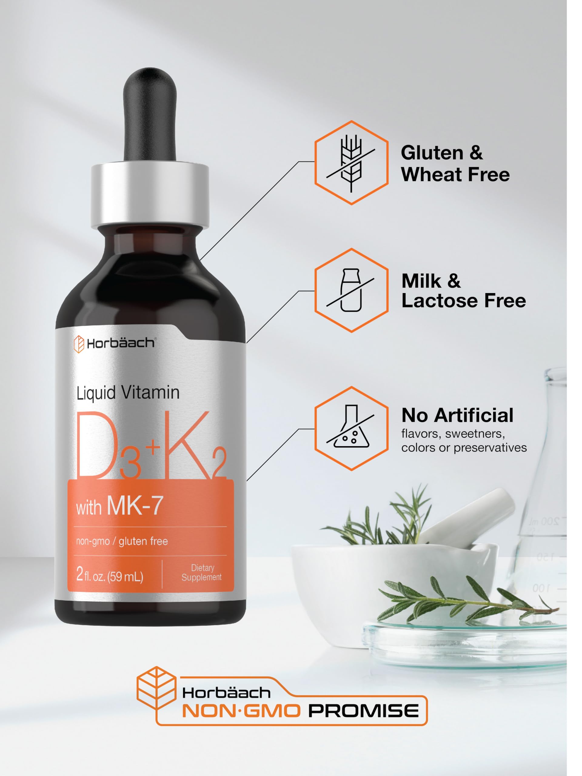 Horbäach Vitamin D3 + K2 Liquid Drops | with MK7 | 2 Fl Oz | Vegetarian | Non-GMO Horbäach uk supplements