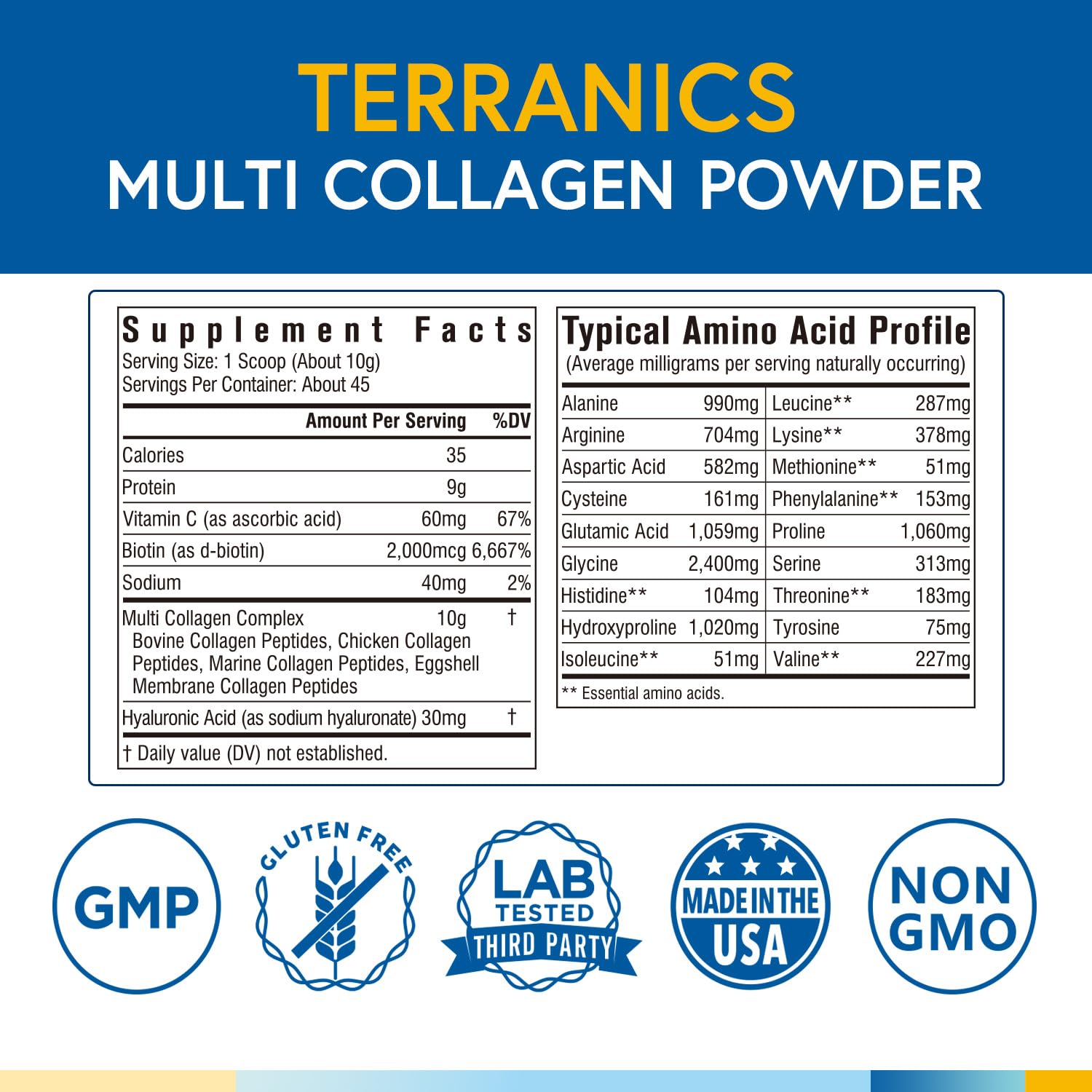 Terranics Multi Collagen Powder Type I II II V X with Biotin VC Hyaluronic Acid, Paleo Terranics uk supplements