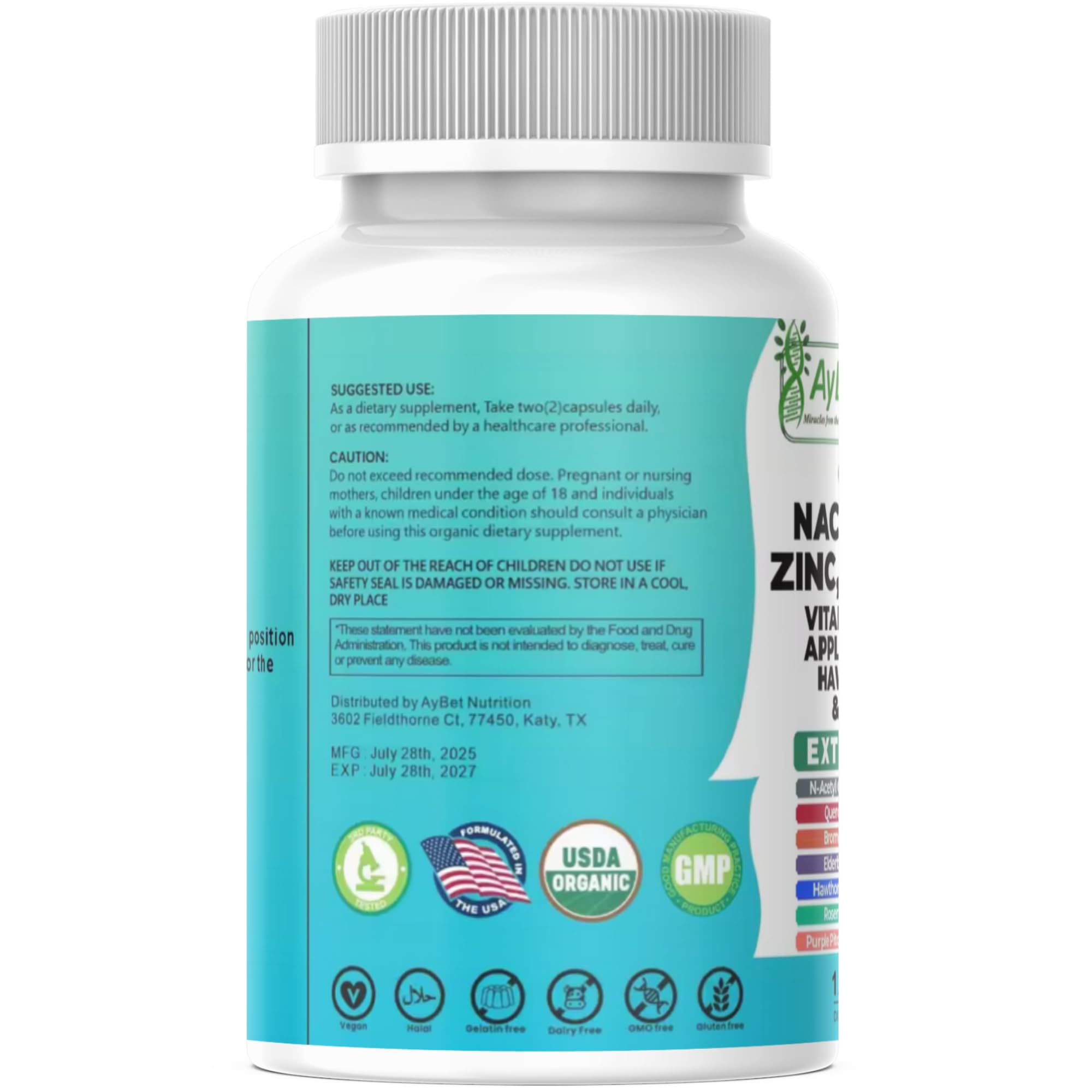 NAC-n-acetyl cysteine- Quercetin Zinc Bromelain Supplement | Extra Strength with Vit C, D3, Apple Cider Vinegar, Elderberry, Hawthorn Berry, Turmeric | Immune Support|120 Vegan Capsules | USDA Organic AyBet uk supplements