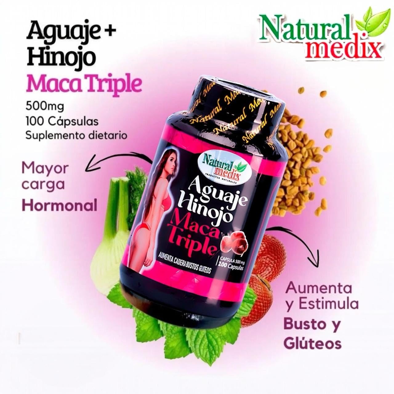 Natural medix Aguaje Hinojo Maca Triple (Maca Root Supplement) Premium 100 Capsules | Premium Botanical Blend for Feminine Balance & Confidence Natural medix uk supplements