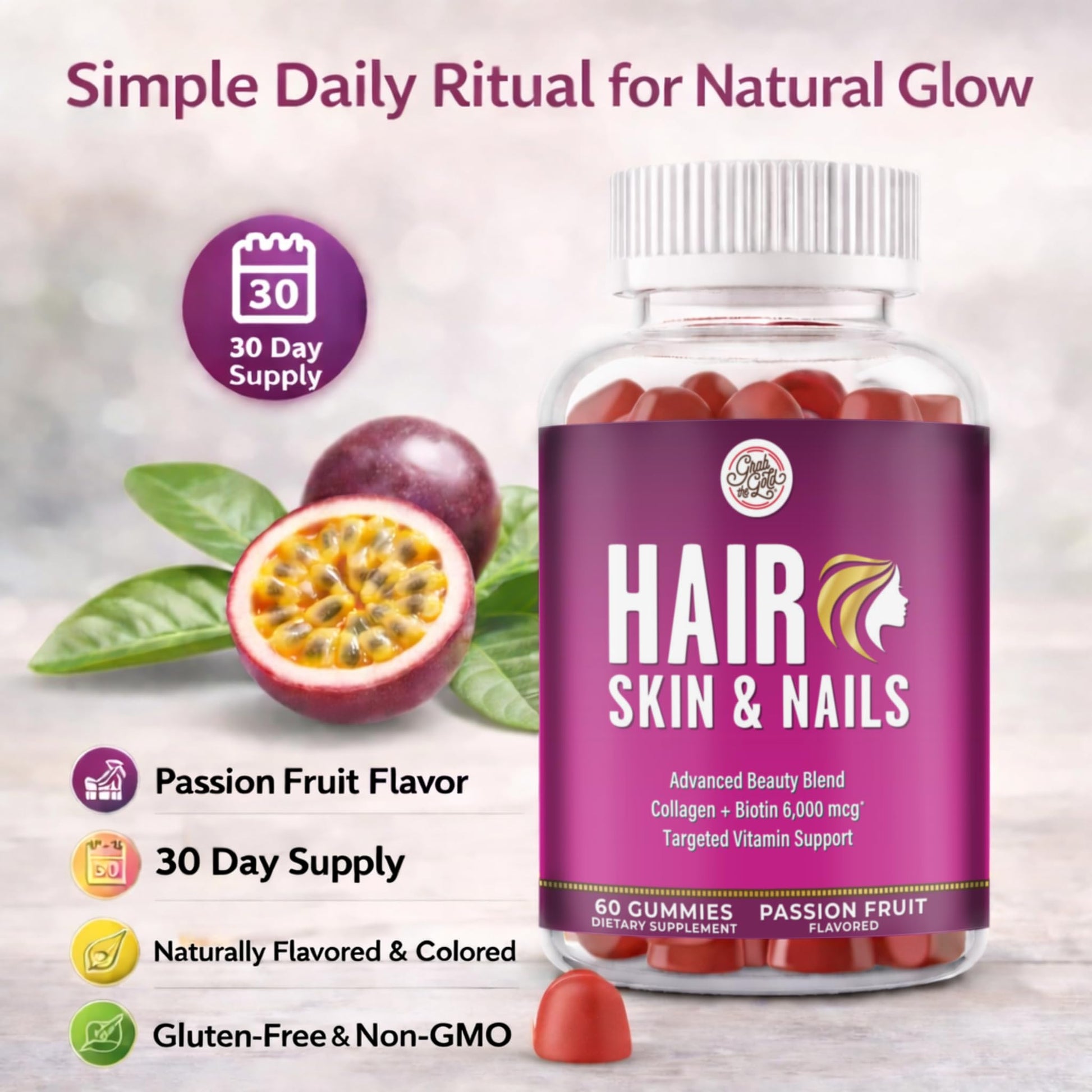 Grab The Gold Hair Skin & Nails Vitamins for Women | Gummies with 6000mcg Biotin & Collagen | 10 Essential Vitamin & Minerals | Gluten-Free, Non-GMO, Passion Fruit Flavor | 1 Month Supply, Made in USA Grab The Gold uk supplements