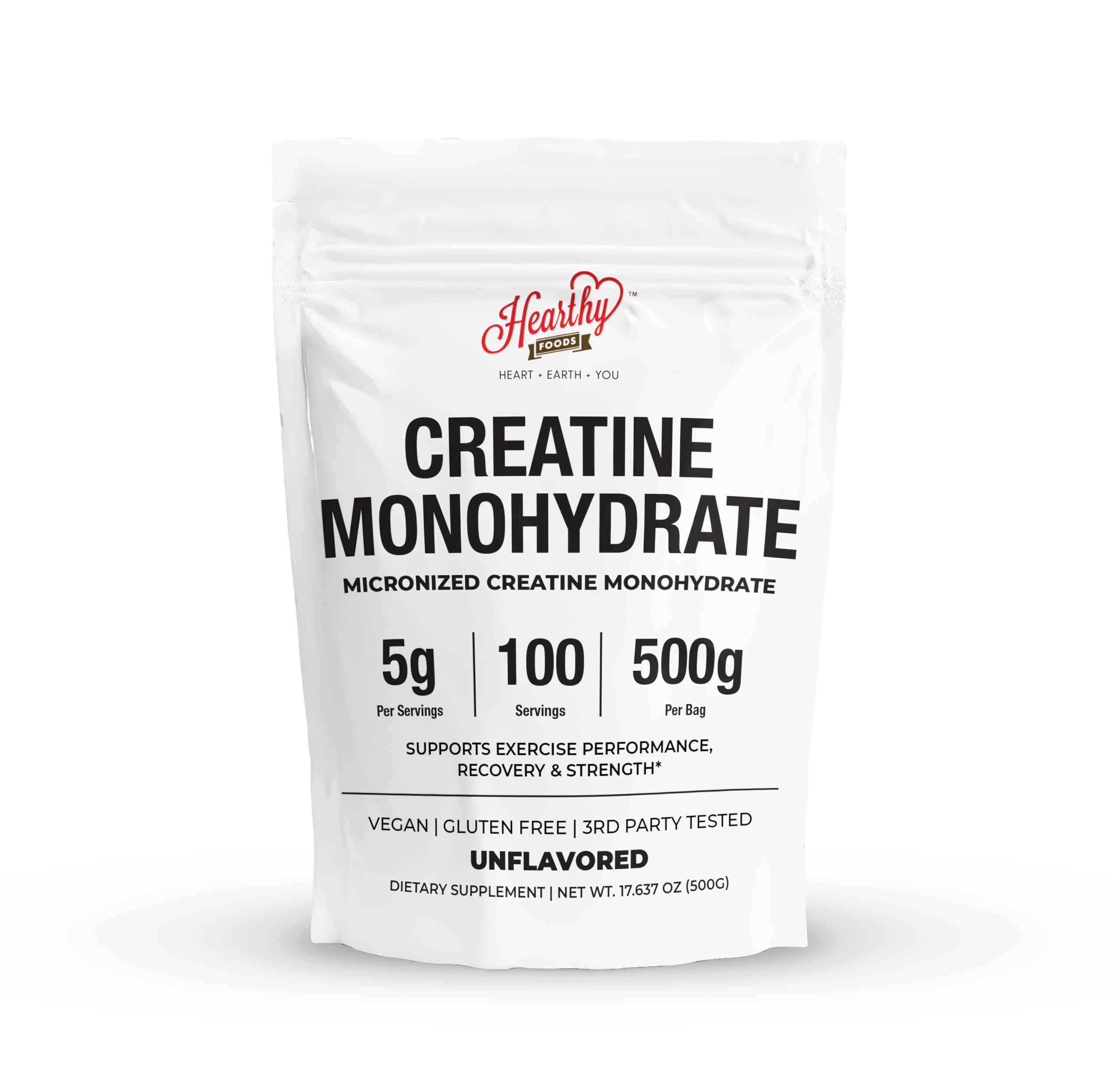 HEARTHY FOODS Creatine Monohydrate Micronized Powder 500G - 100 Servings, 5000mg Per Serving (5g) - 17.9 Oz for Men & Women Muscle Growth & Recovery - UNFLAVORED HEARTHY FOODS uk supplements