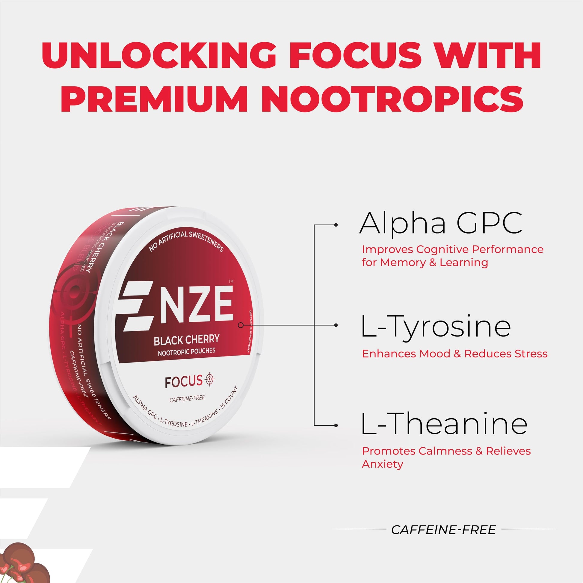 NZE Caffeine Free Nootropic Pouches (Black Cherry) - Nootropic Pouches with Alpha GPC, L-Tyrosine & L-Theanine - No Sugar or Artificial Sweeteners - 15 Pouches Per Can - 5 Pack NZE uk supplements