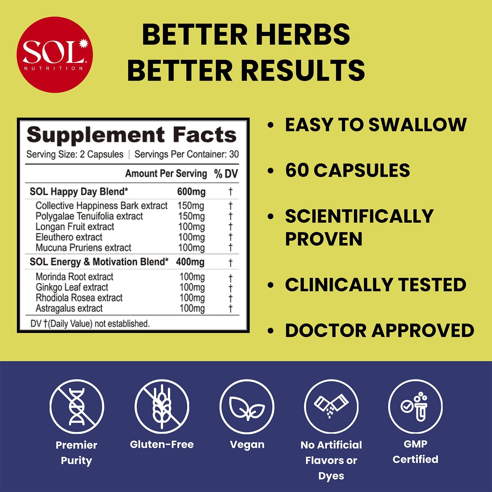 Sol Nutrition Happy Day Supplement: Combining The Natural Herbal Properties of Collective Happiness Bark, Astragalus, and Gingko Biloba to Support a Healthy Lifestyle - 60 Easy to Swallow Capsules Sol Nutrition uk supplements
