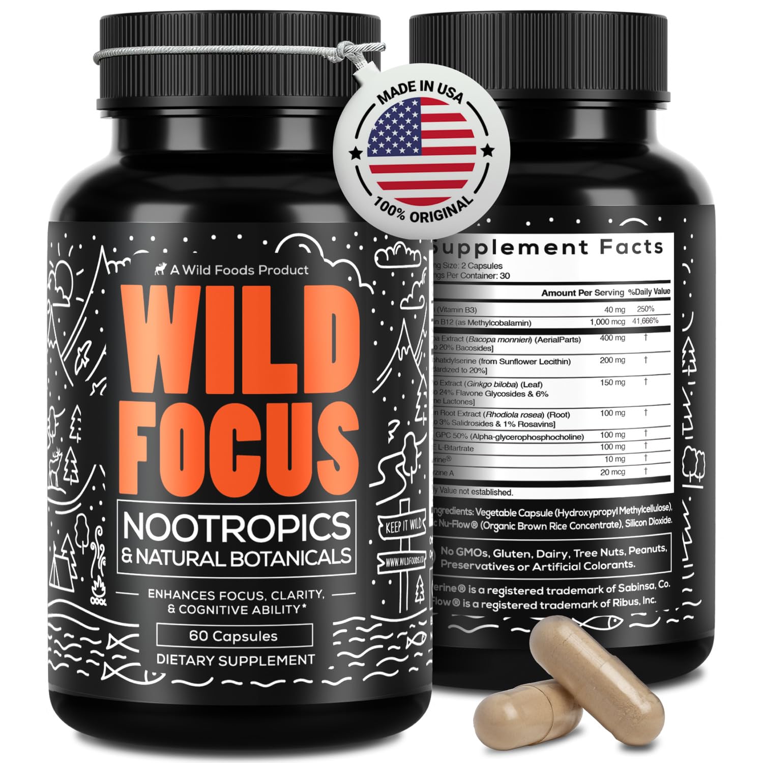 Wild Focus Brain Supplements | Caffeine-Free, Plant-Based Botanicals | Lions Mane, Ginkgo Biloba, Bacopa Monnieri, Lemon Balm | 100% Natural Nootropic | 60 caps Wild Foods uk supplements