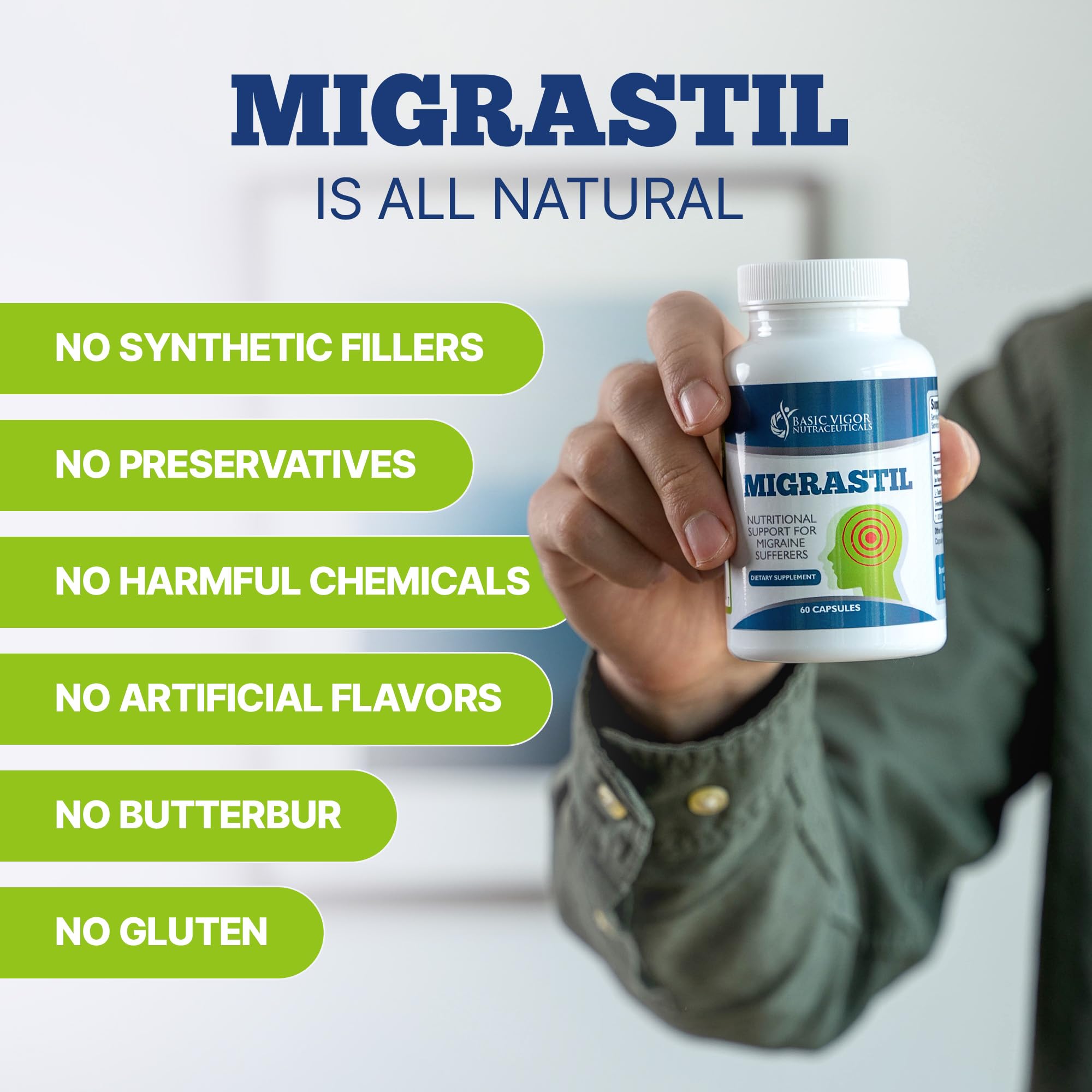 Basic Vigor Migrastil Migraine Support Capsules. Feverfew, Magnesium, Taurine & Vitamin B1 for Migraines Natural Supplement. Made in The USA. Vegan and Gluten Free. Basic Vigor uk supplements