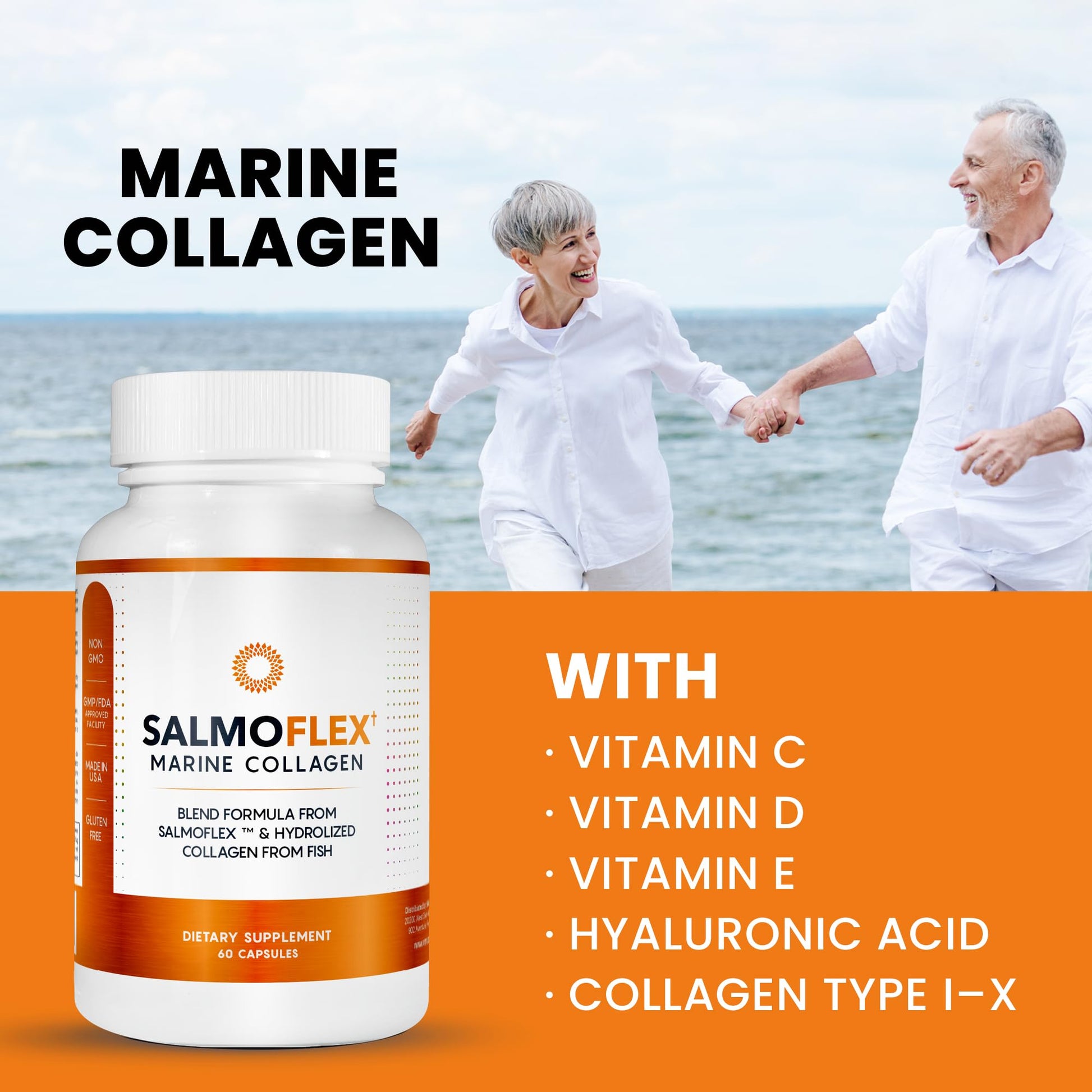 VITASEI Salmoflex Marine Collagen Peptides Pills W/Hyaluronic Acid, Vitamin C, D, E | Salmon Supplements - Hair, Skin, Nails | Multivitamin for Women & Men | Knee, Joint Relief - 60 Capsules VITASEI uk supplements