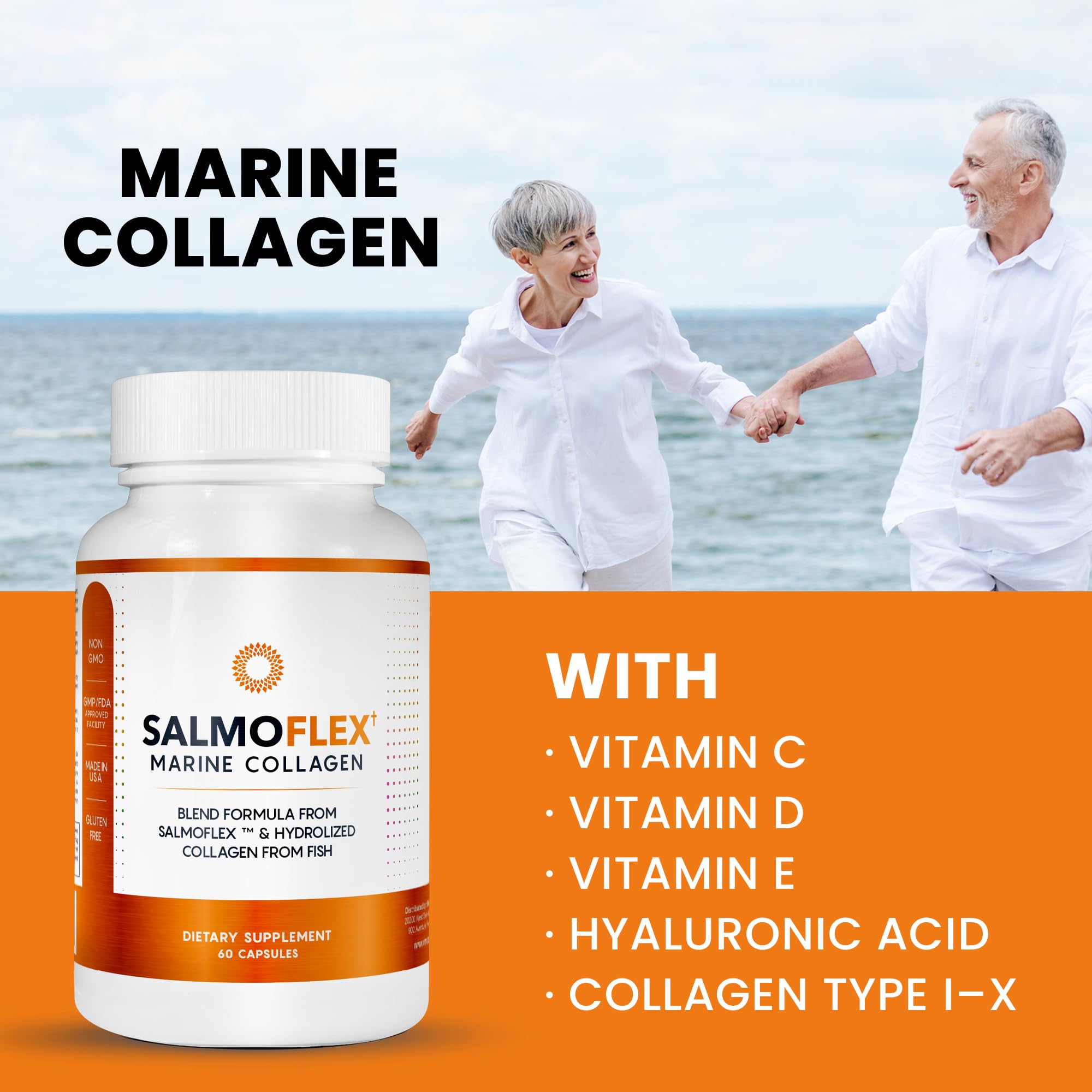 VITASEI Salmoflex Marine Collagen Peptides Pills W/Hyaluronic Acid, Vitamin C, D, E | Salmon Supplements - Hair, Skin, Nails | Multivitamin for Women & Men | Knee, Joint Relief - 60 Capsules VITASEI uk supplements