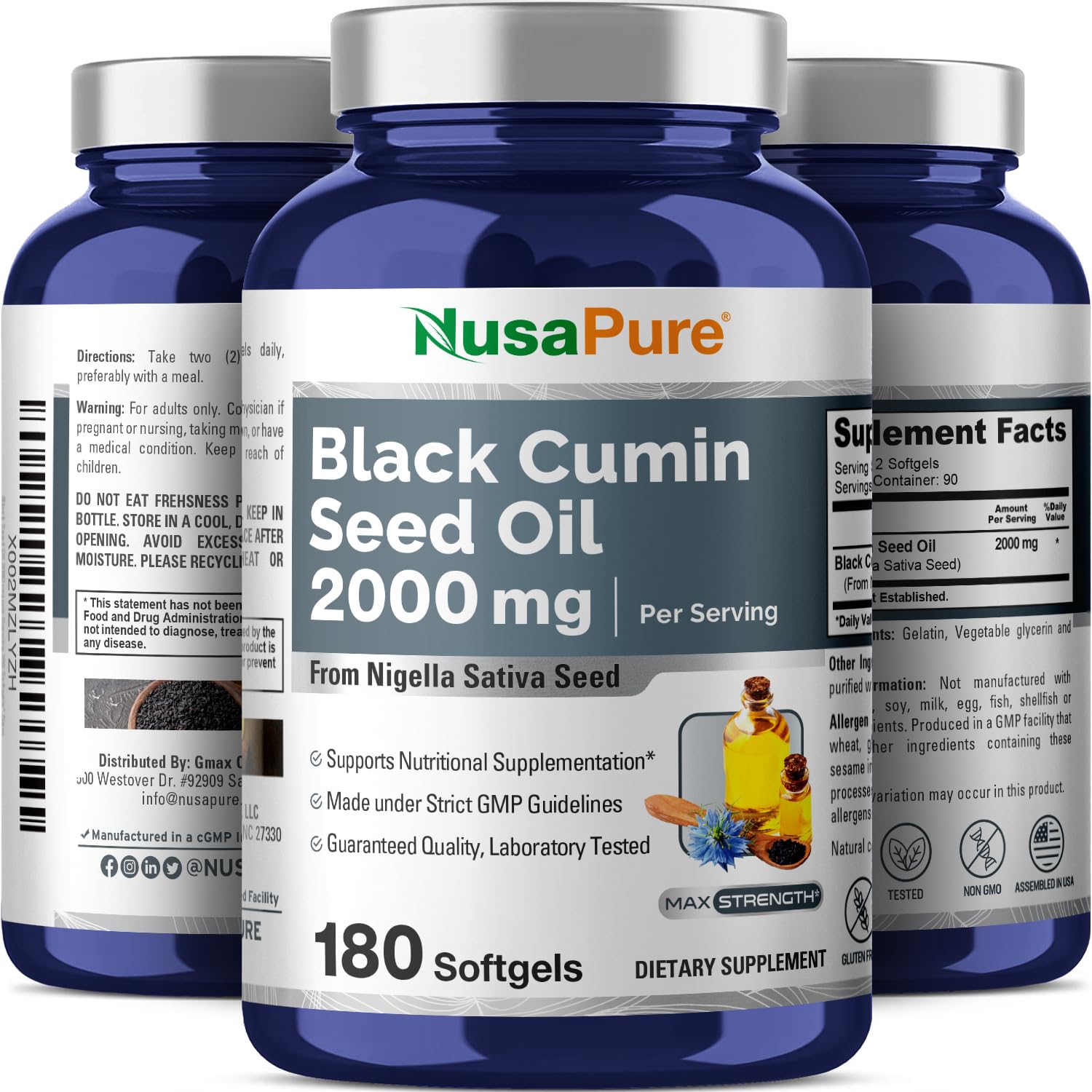 NusaPure Black Seed Oil 2000mg per Serving - 180 Softgel Caps (Non-GMO, Gluten-Free) Cold-Pressed Nigella Sativa NusaPure uk supplements