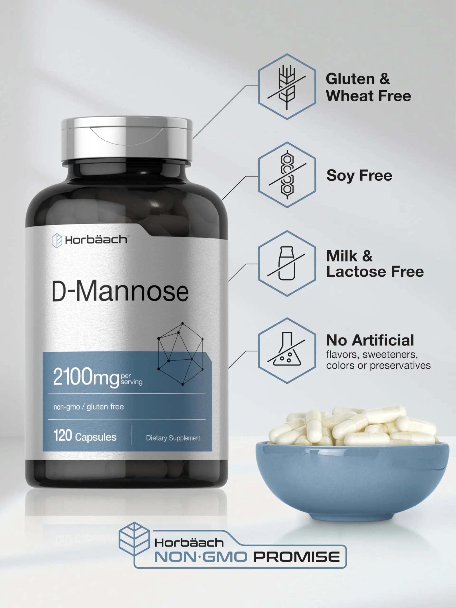 Horbäach D-Mannose Supplement 2100mg | 120 Capsules | Pills for Women and Men | Non-GMO & Gluten Free Horbäach uk supplements