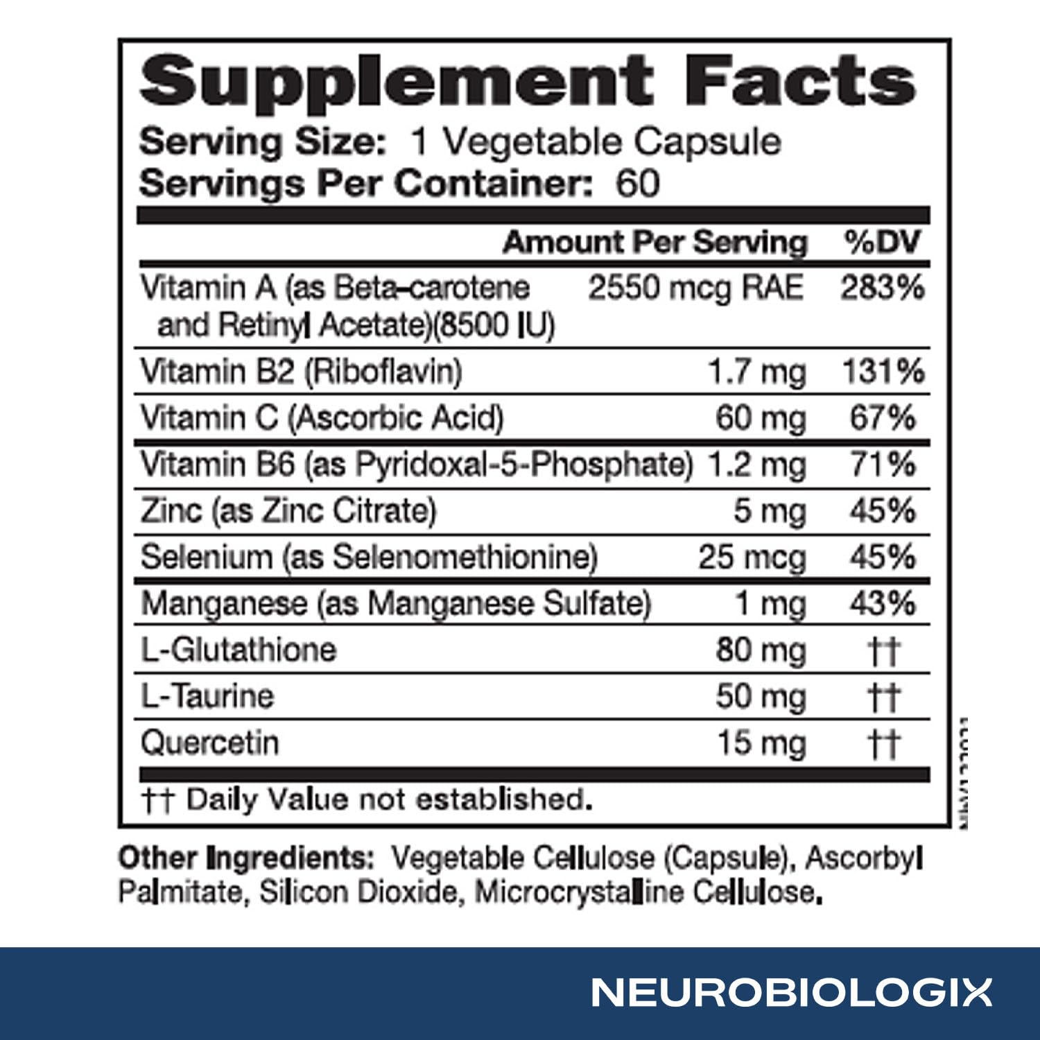 Neurobiologix Glutathione Ultra, L-Glutathione Antioxidant Complex with Vitamin C, A, B2, B6, Zinc, Selenium, Manganese, Taurine & Quercetin for Cellular Health, Gluten Free, 60 Vegetarian Capsules Neurobiologix uk supplements