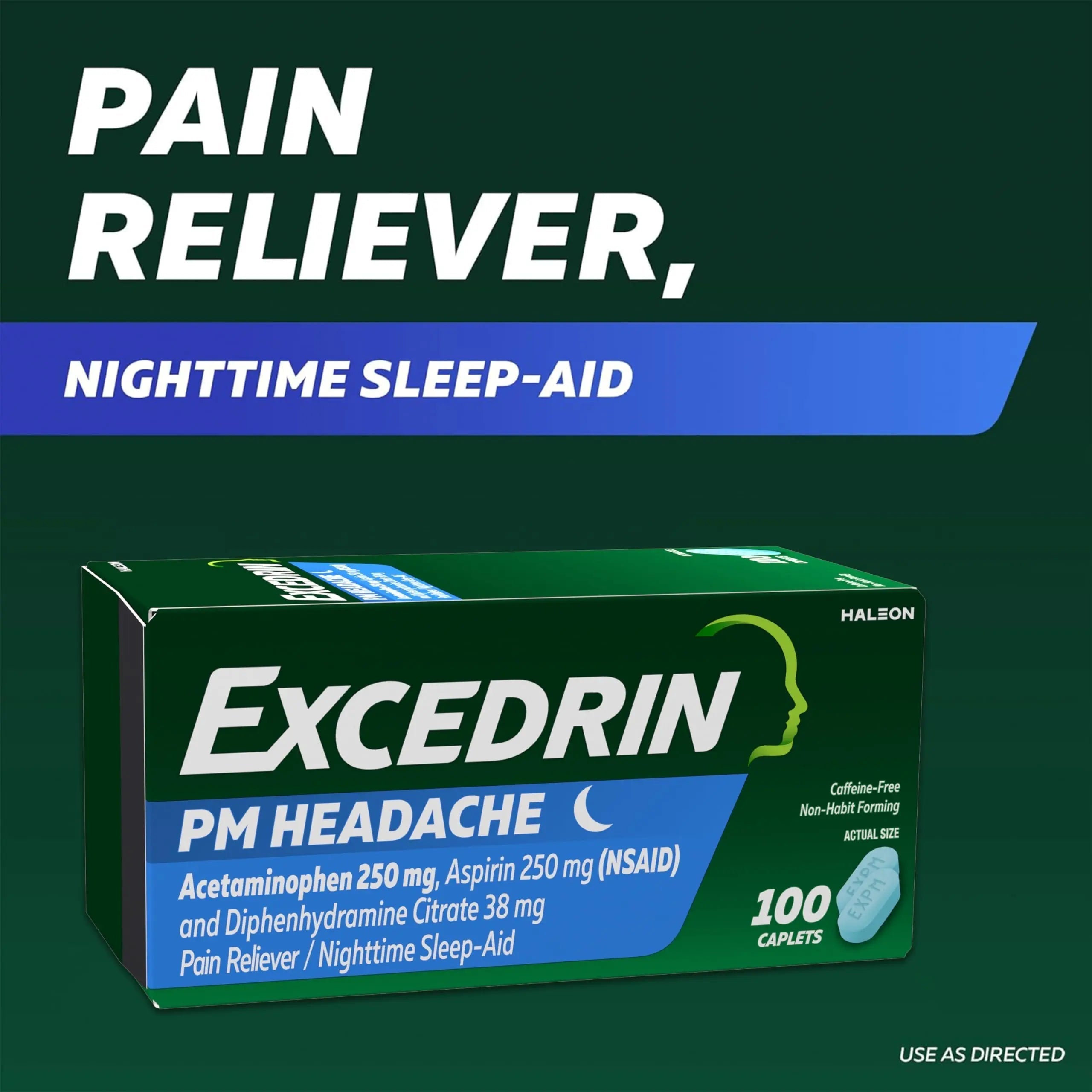 Excedrin PM for Headache Relief, Acetaminophen 250mg, Aspirin 250mg, Diphenhydramine Citrate 38mg, Pain Reliever, Nighttime Sleep-Aid, 100 Count Excedrin uk supplements
