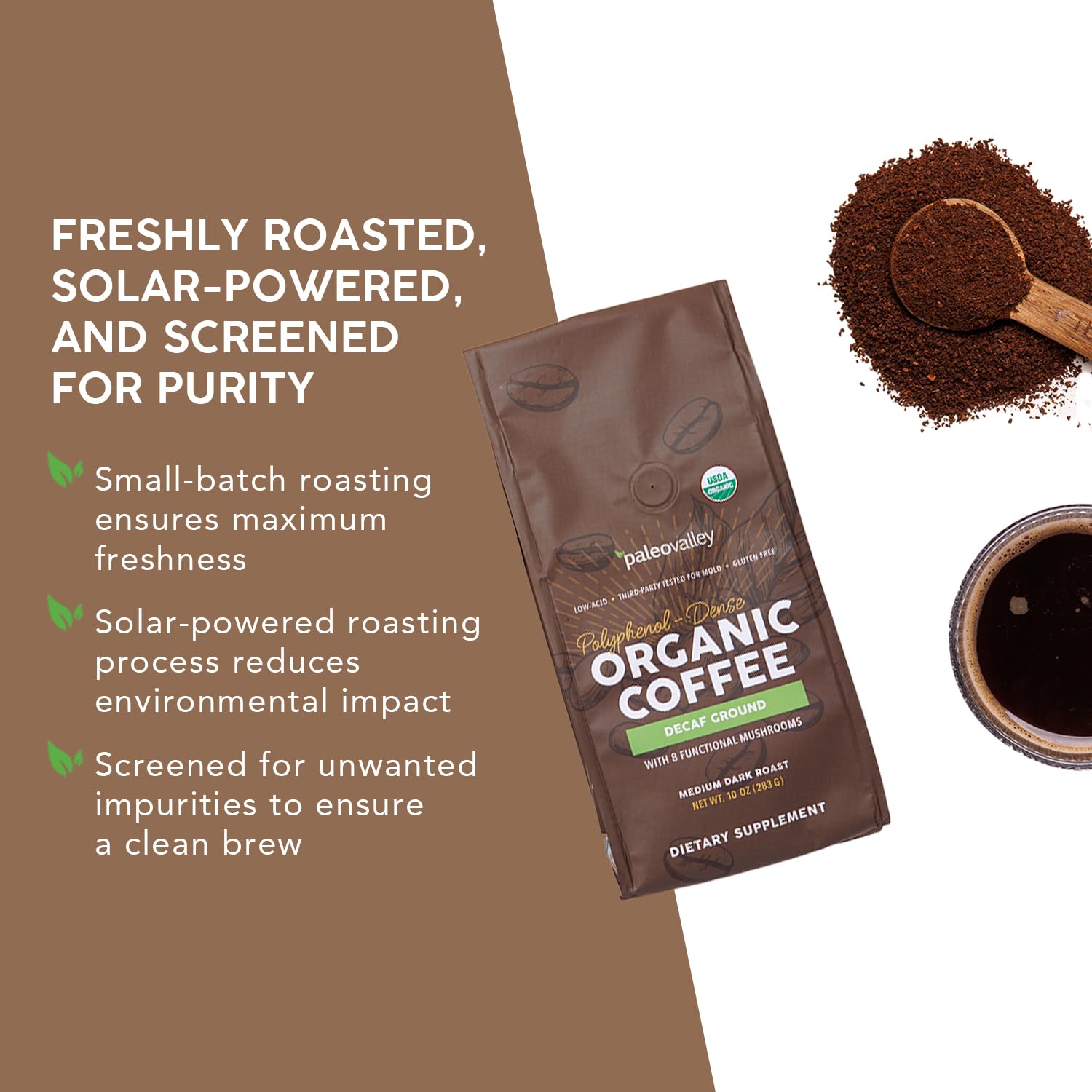 Paleovalley Organic Ground Coffee, 10oz - Decaf, Low Acid, Single-Origin, Polyphenol-Rich, Infused with Mushrooms Paleovalley uk supplements