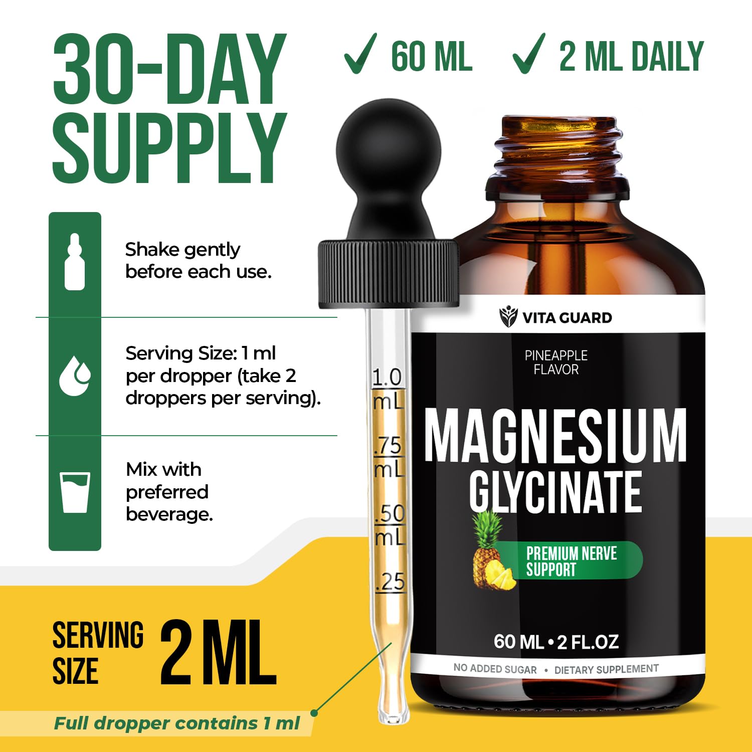 Magnesium Glycinate 500mg Liquid Drops – Sugar-Free Magnesium Supplement, Vegan Formula, 60 mL Flavor Pineapple Vita Guard uk supplements