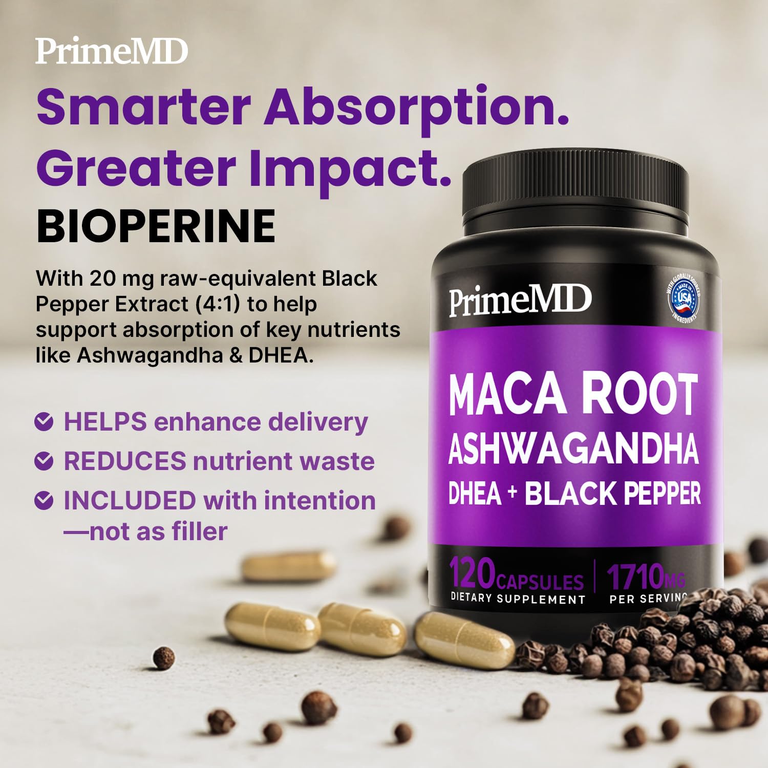 6-in-1 Organic Maca Root Ashwagandha Capsules 1710mg with DHEA and Black Pepper Fruit Extract for Women and Men - Black Maca Supplement for Stamina, Bone and Mood Support Supplement, 120ct (Pack of 3) PrimeMD uk supplements