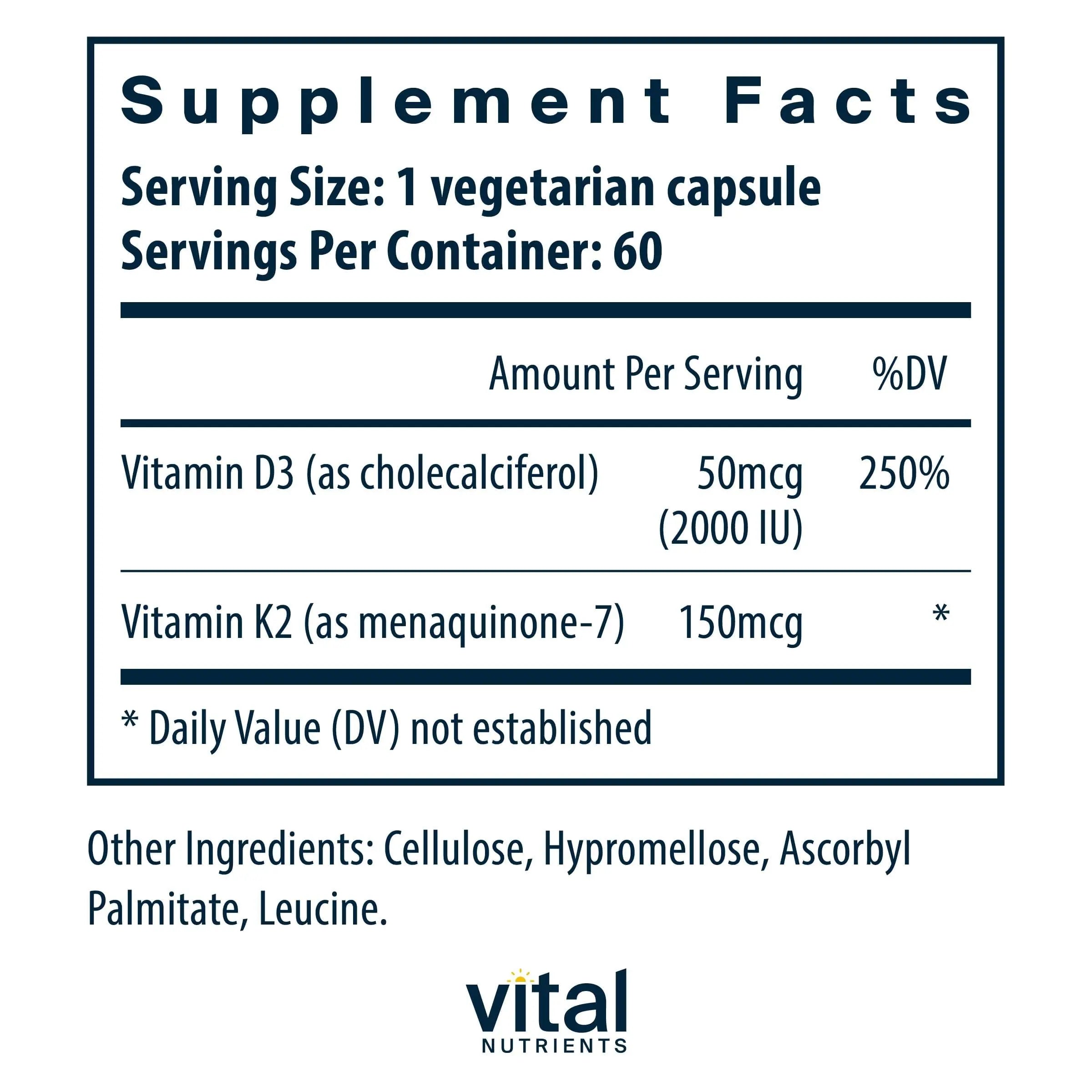 Vital Nutrients Vitamin D3 + K2-2000 IU - Vitamin D3 K2 Supplement - Vitamin D Complex for Healthy Calcium Levels Vital Nutrients uk supplements