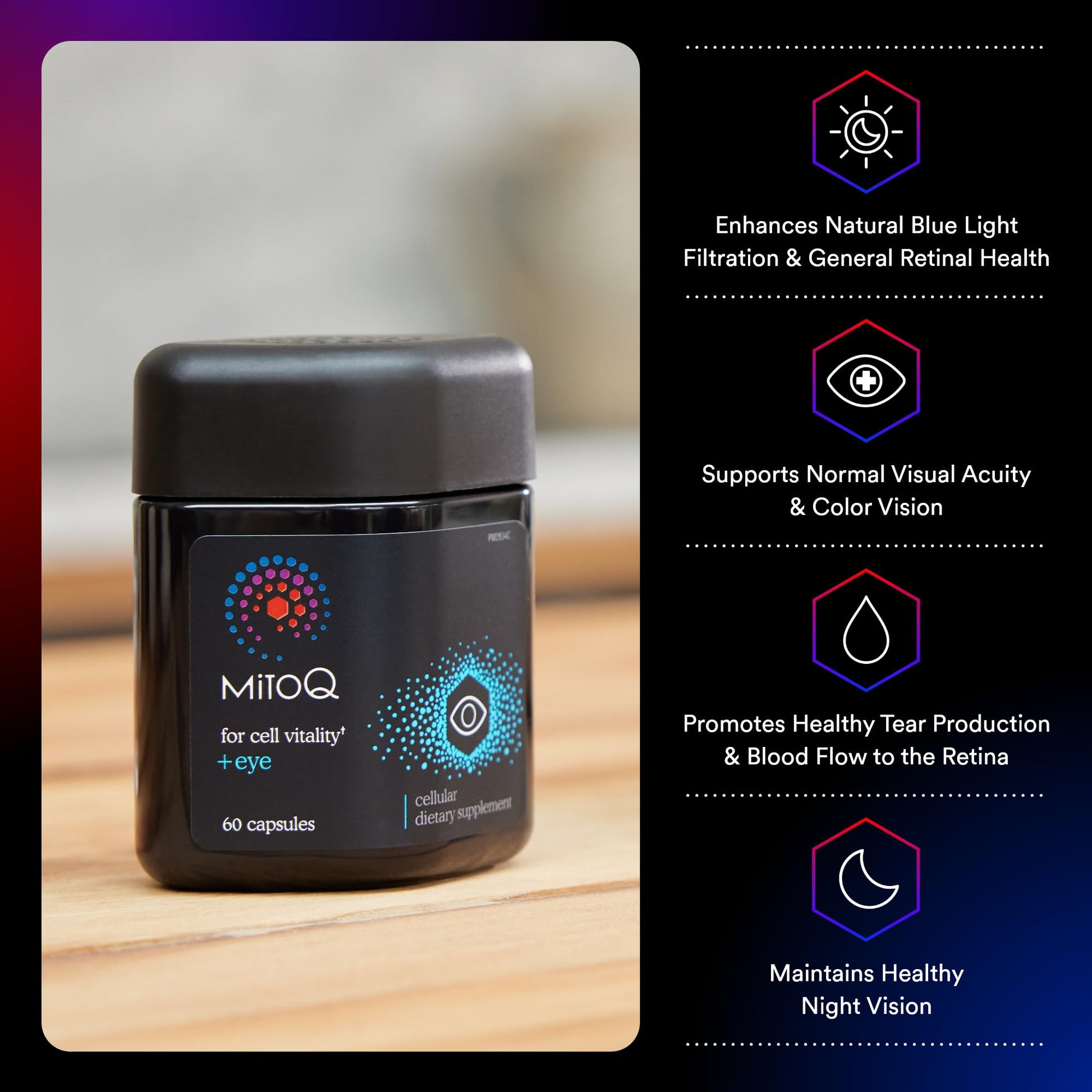 MitoQ +Eye – Eye Health Supplement with Lutein & Zeaxanthin (5:1 Ratio), Bilberry, Maritime Pine Bark, Zinc, Mitoquinol | Supports Macular Health, Visual Clarity & Blue Light Defense MitoQ uk supplements