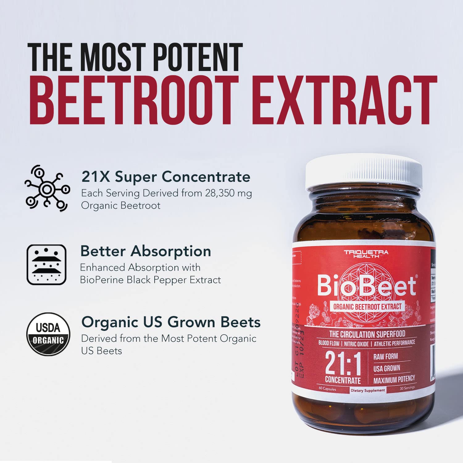 BioBeet Max Strength Beet Root Capsules - 21:1 Concentrate, Each Serving Derived from 28,350 mg Triquetra Health uk supplements
