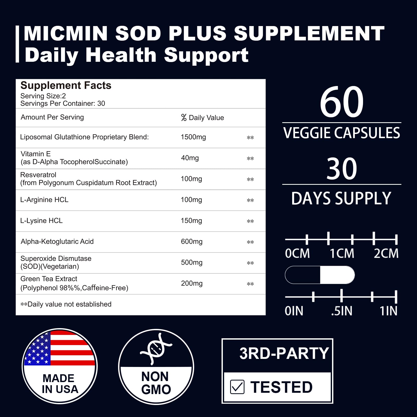 NICMIN 500MG Superoxide Dismutase Supplement - SOD Plus with Liposomal Glutathione, AKG, Green Tea Extract, L-Arginine, Lysine, Resveratrol and Vitamin E for Immune Support, Antioxidant 120 Capsules NICMIN uk supplements