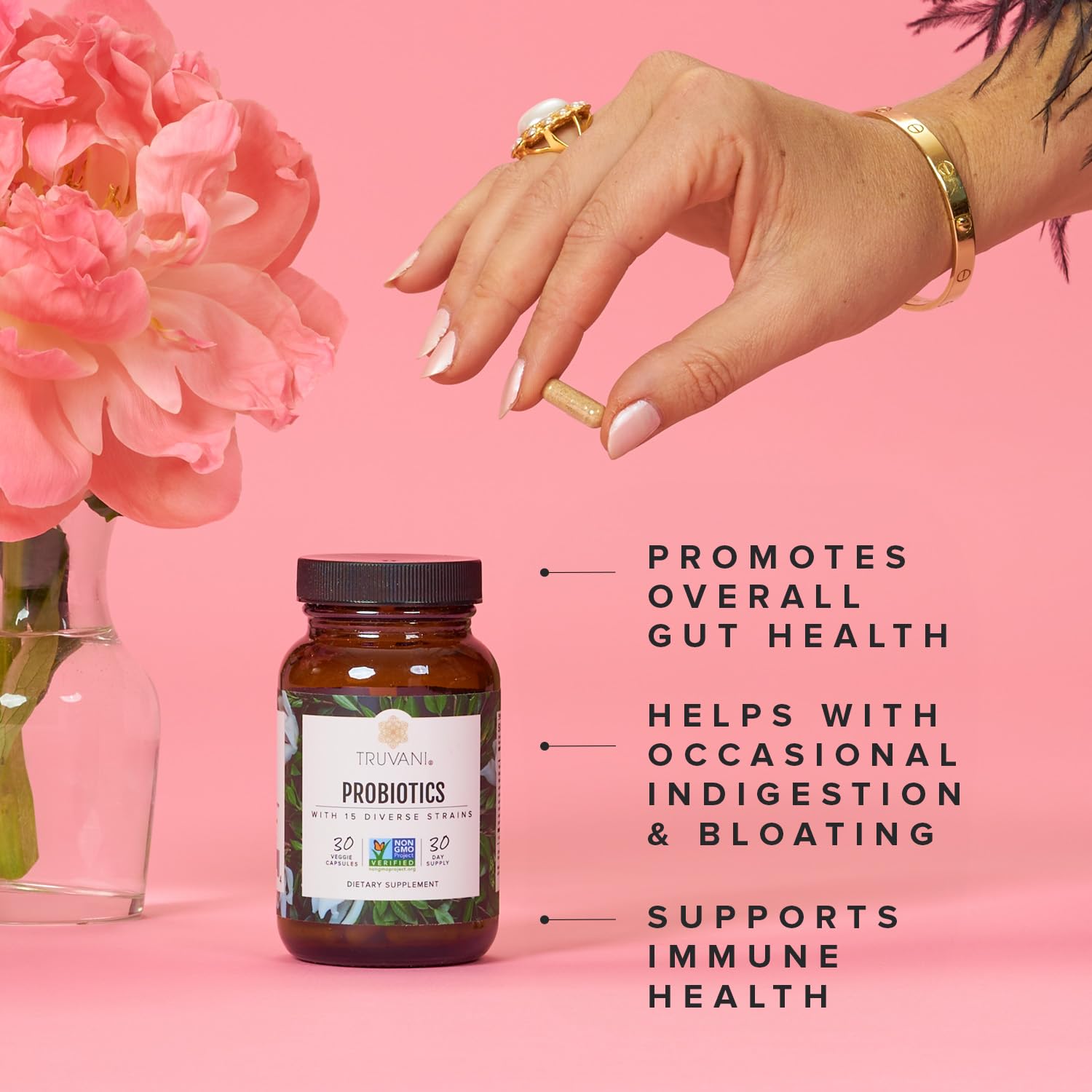 Truvani Probiotic Supplement | 30 Servings | 15 Billion CFU | 15 Diverse Strains for Digestive, Immune & Brain Health Support | Shelf-Stable Vegan Capsules | Non-GMO, No Fillers Truvani uk supplements