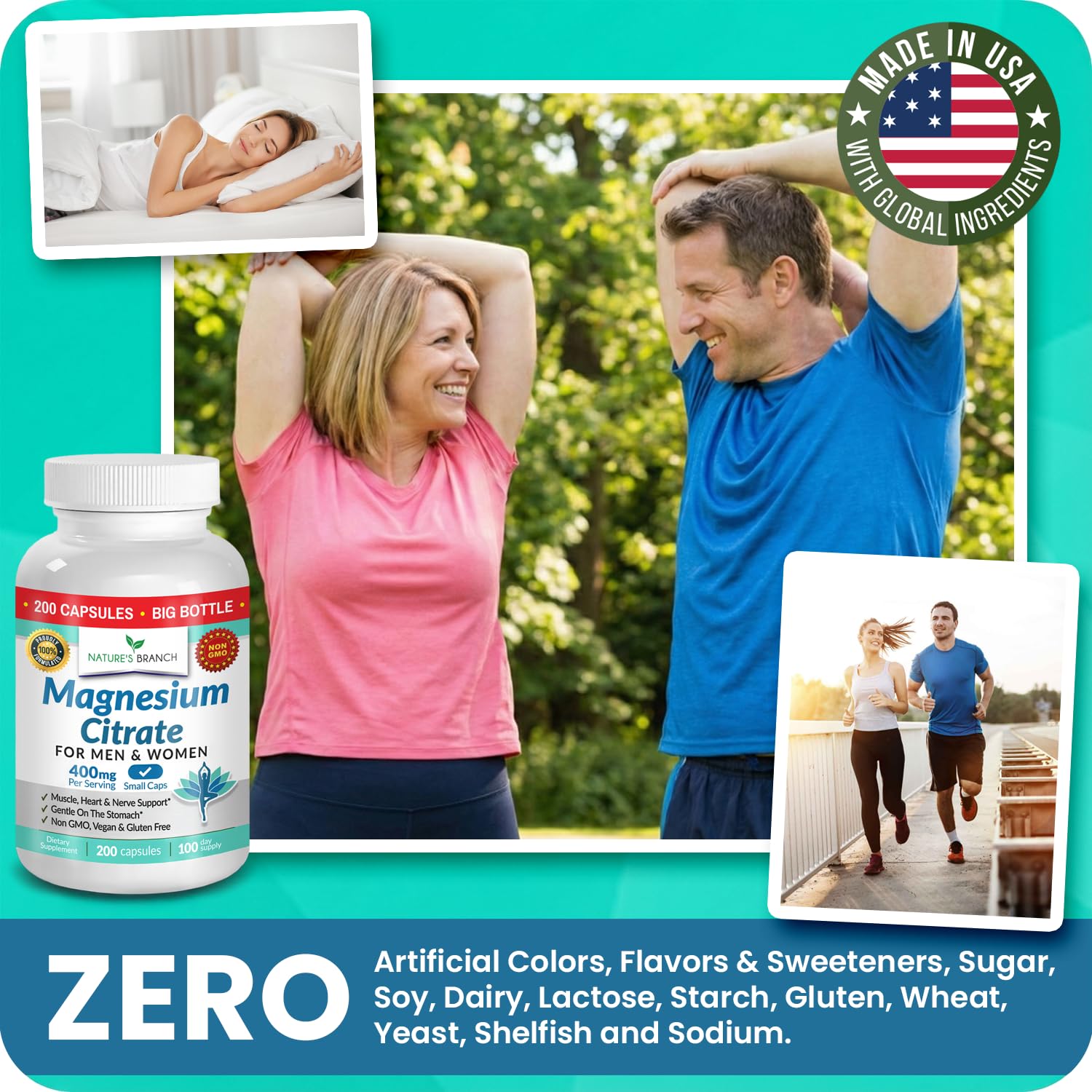 Magnesium Citrate 400mg | 200 Capsules, High Absorption for Sleep, Relax, Leg Cramps, Energy, Extra Strength Easy to Swallow Small Pills for Women & Men, Vegan Supplement for Digestion, Not Tablets NATURE'S BRANCH uk supplements
