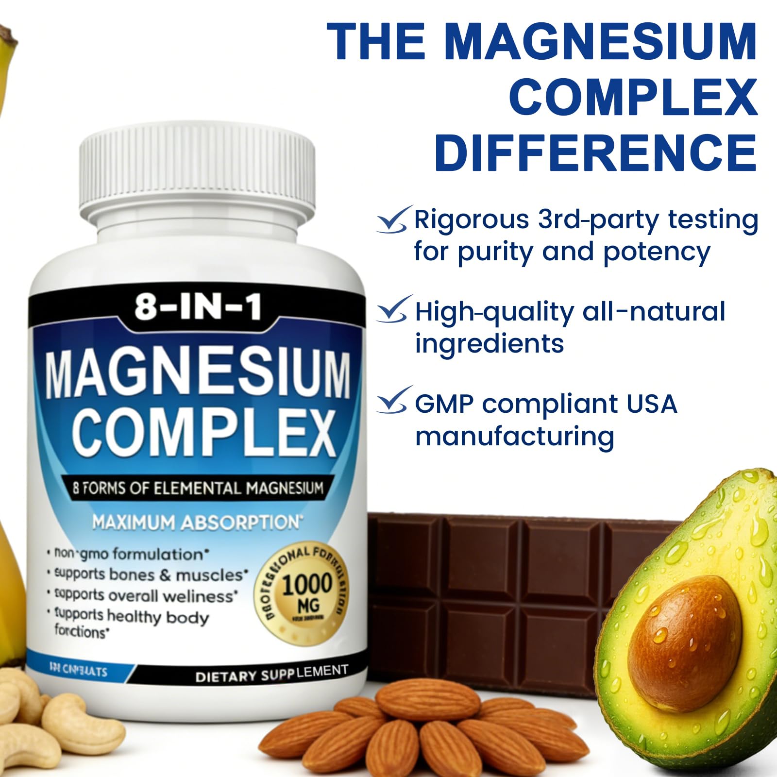 Magnesium Complex Supplement 8-in-1 Elemental 1000mg, Magnesium Glycinate, Malate & Citrate, Vegan, Non-GMO 90 Capsules MIRACLE OFFICIAL uk supplements