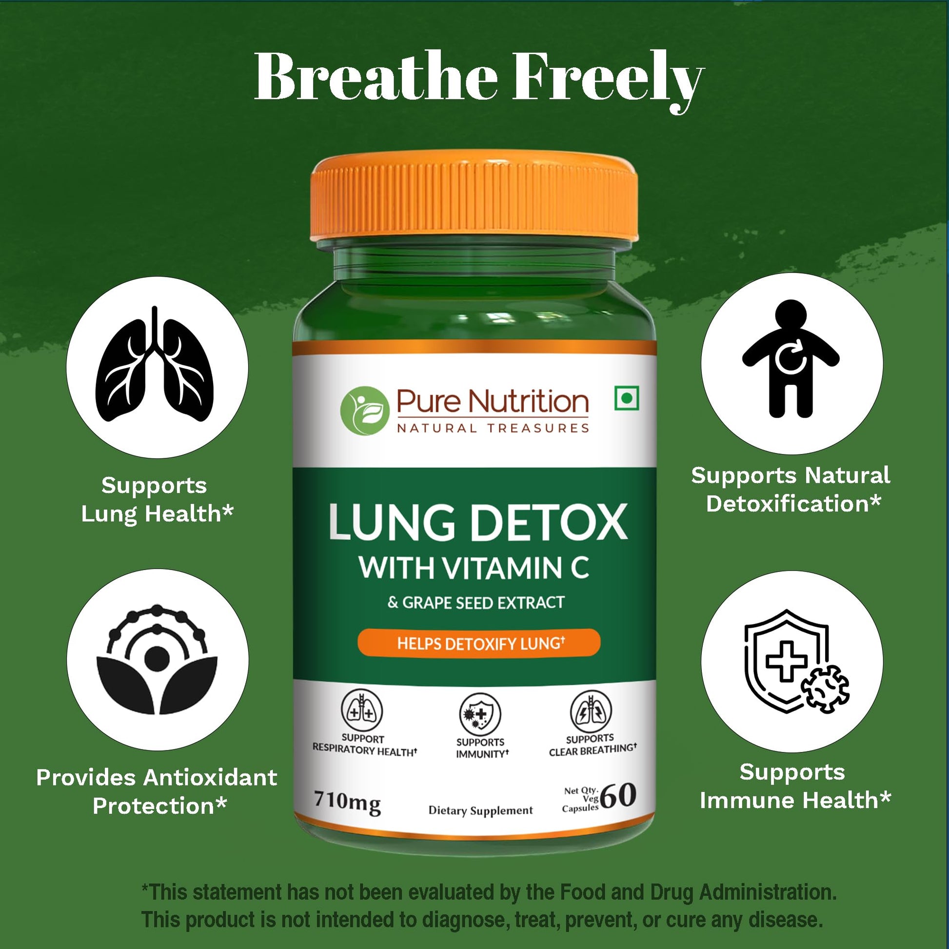 Pure Nutrition Lung Health Supplement | 60 Caps | Herbal Lung Support Formula with Quercetin, Vitamin C, Nettle, Vasaka Leaf, Lotus, Licorice & Ginger. PURE NUTRITION NATURAL TREASURES uk supplements