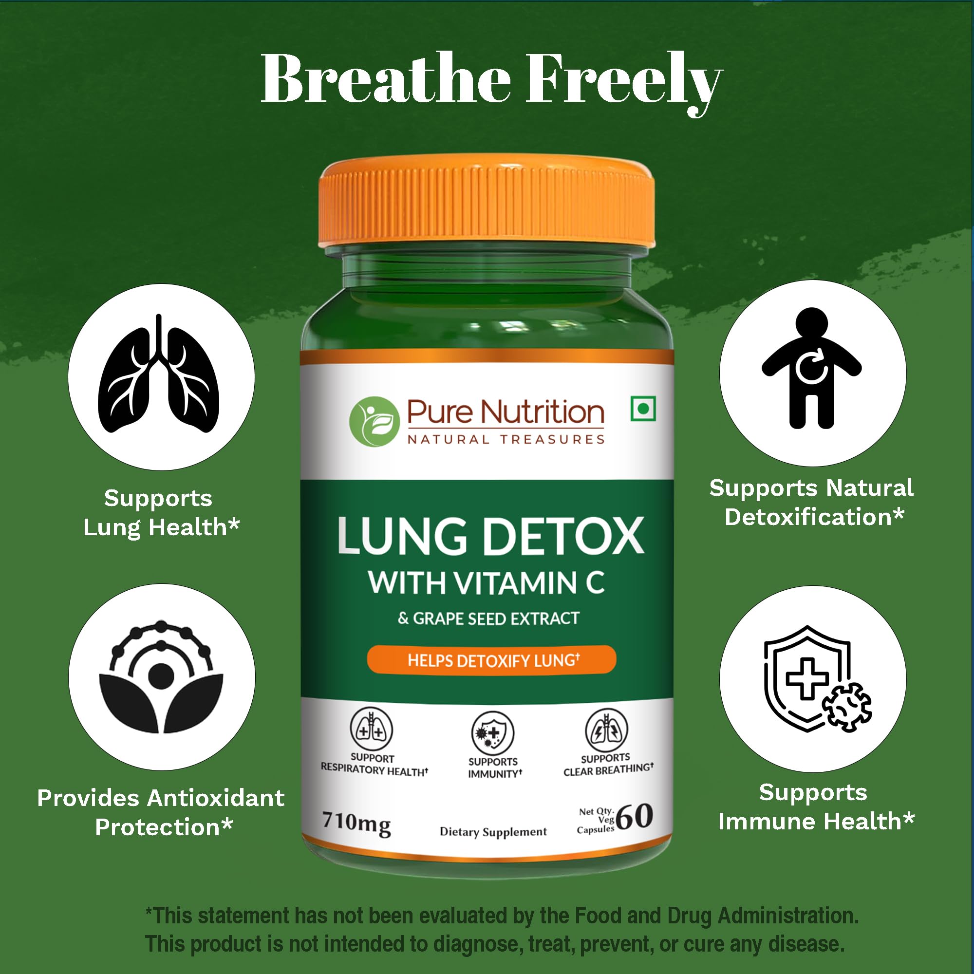 Pure Nutrition Lung Health Supplement | 60 Caps | Herbal Lung Support Formula with Quercetin, Vitamin C, Nettle, Vasaka Leaf, Lotus, Licorice & Ginger. PURE NUTRITION NATURAL TREASURES uk supplements