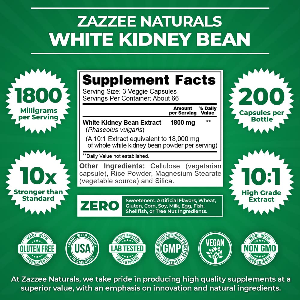 Zazzee White Kidney Bean 10:1 Extract, 18,000 mg Strength, 200 Vegan Capsules, Over 2 Month Supply Zazzee uk supplements