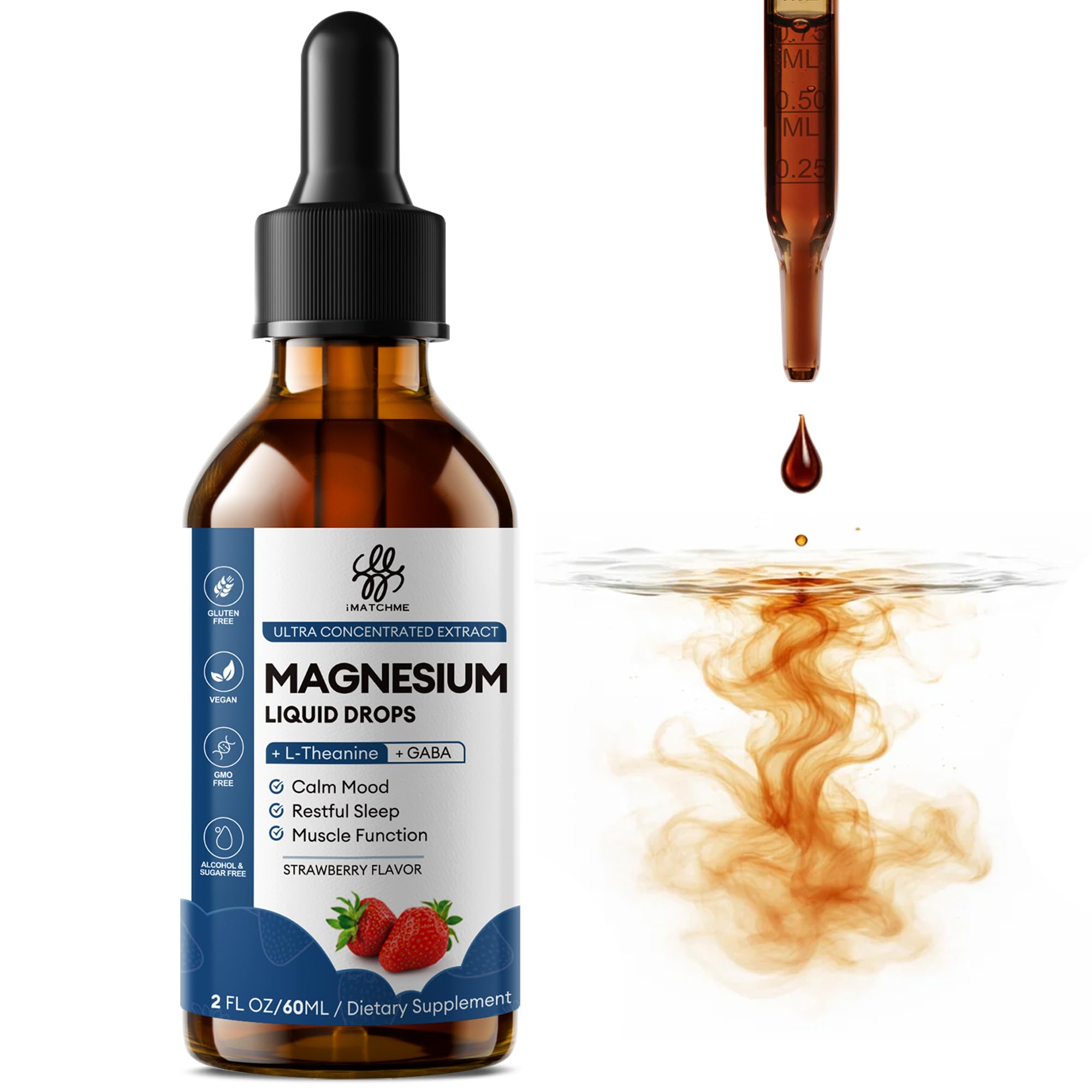 Liquid Magnesium Glycinate Drops for Nighttime Sleep & Calm Support, Triple Chelated Magnesium Complex with L-Theanine & GABA, Pre-Dissolved Liquid for Gentle Absorption, Strawberry Flavor, 2 Fl Oz iMATCHME uk supplements