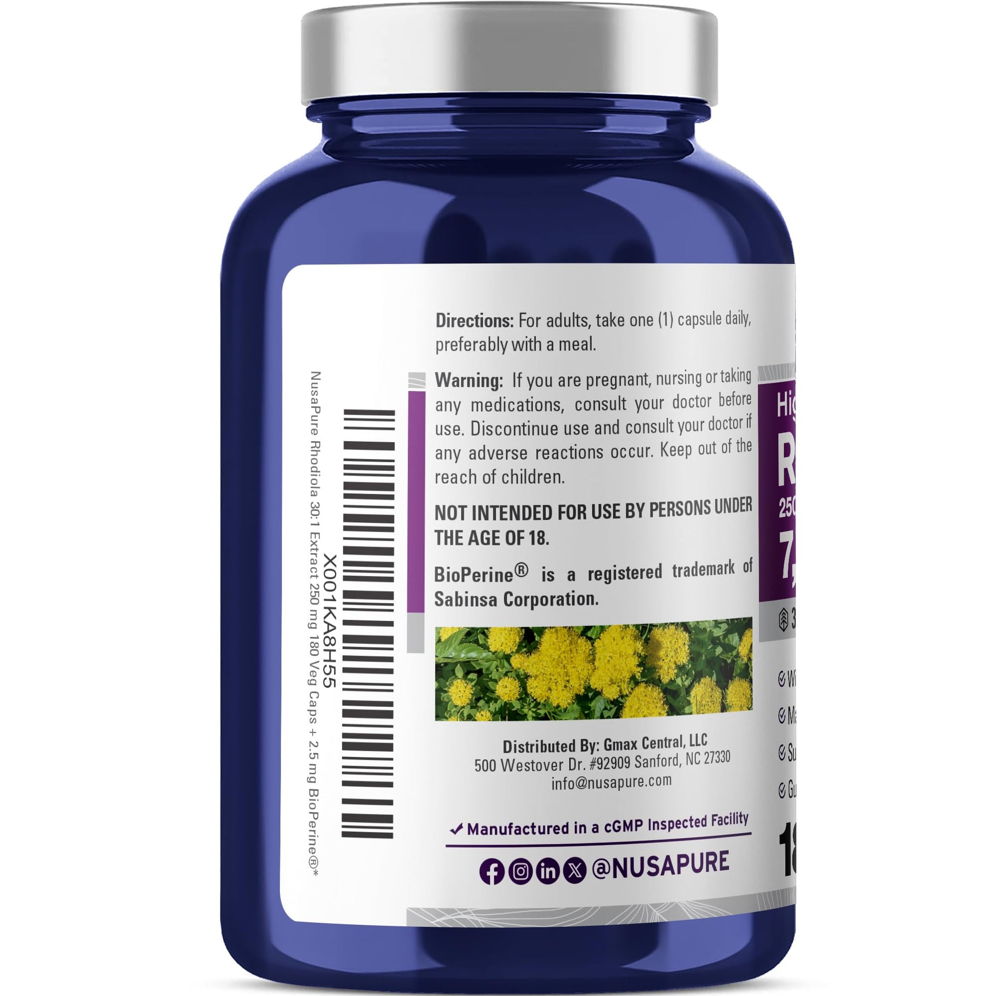 NusaPure Rhodiola Rosea 7,500mg 180 Veggie Capsules (Non-GMO, Extract 30:1, Vegan & Gluten-Free) Bioperine NusaPure uk supplements